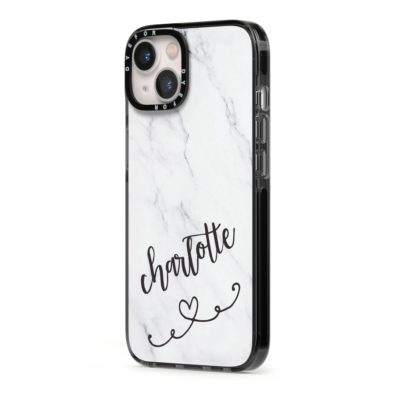 Grey Personalised Marble with Illustration Text iPhone 13 Black Impact Case Side Angle on Silver phone
