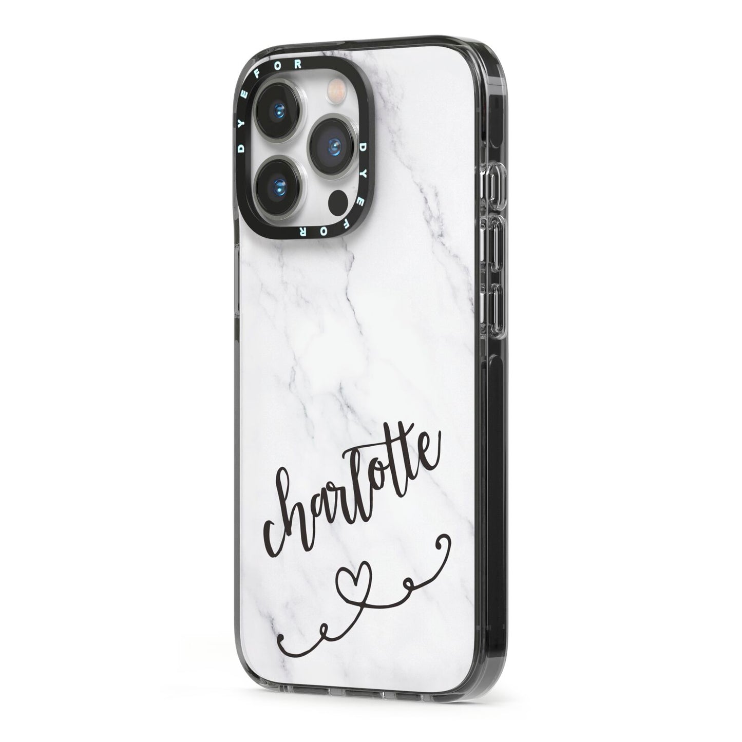Grey Personalised Marble with Illustration Text iPhone 13 Pro Black Impact Case Side Angle on Silver phone
