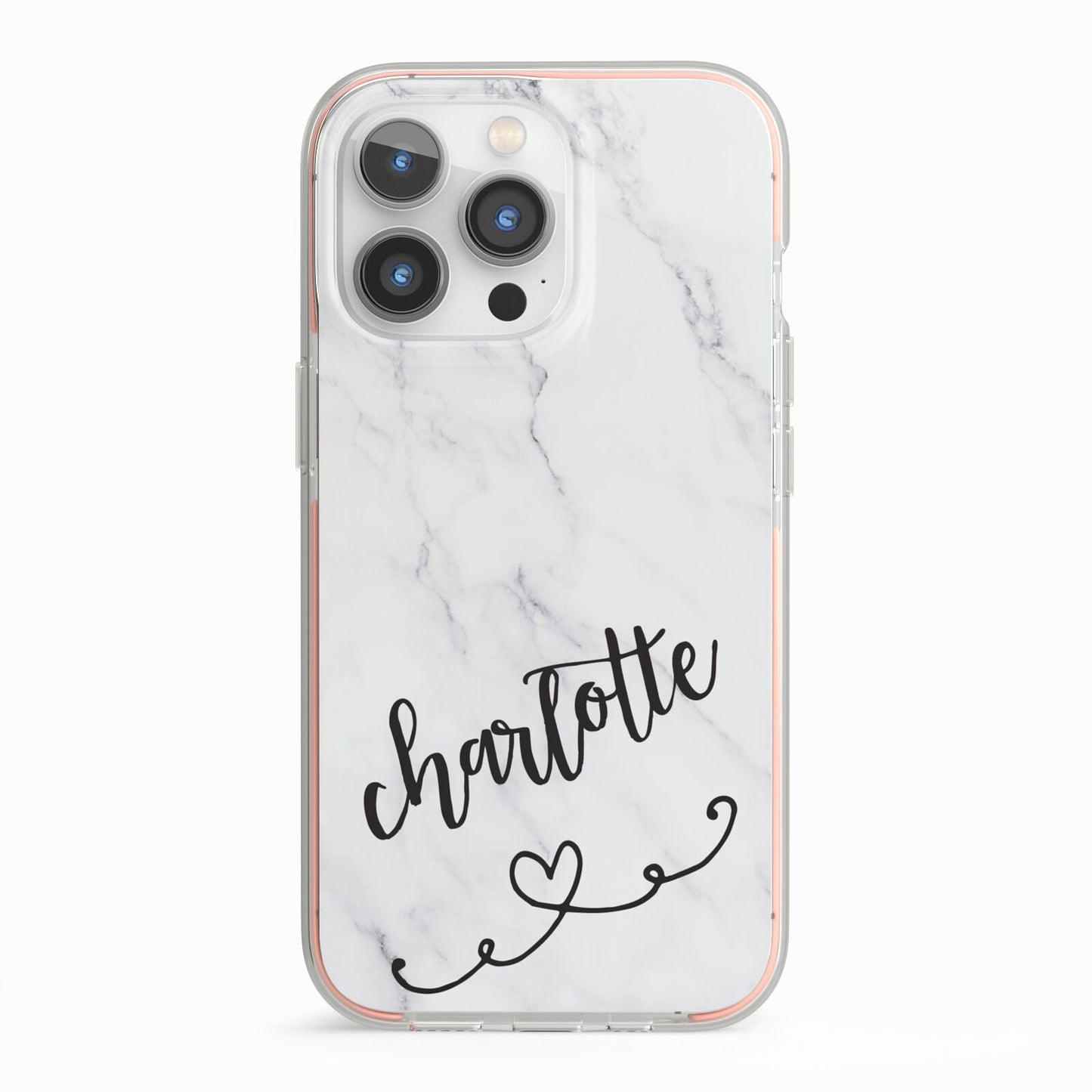 Grey Personalised Marble with Illustration Text iPhone 13 Pro TPU Impact Case with Pink Edges