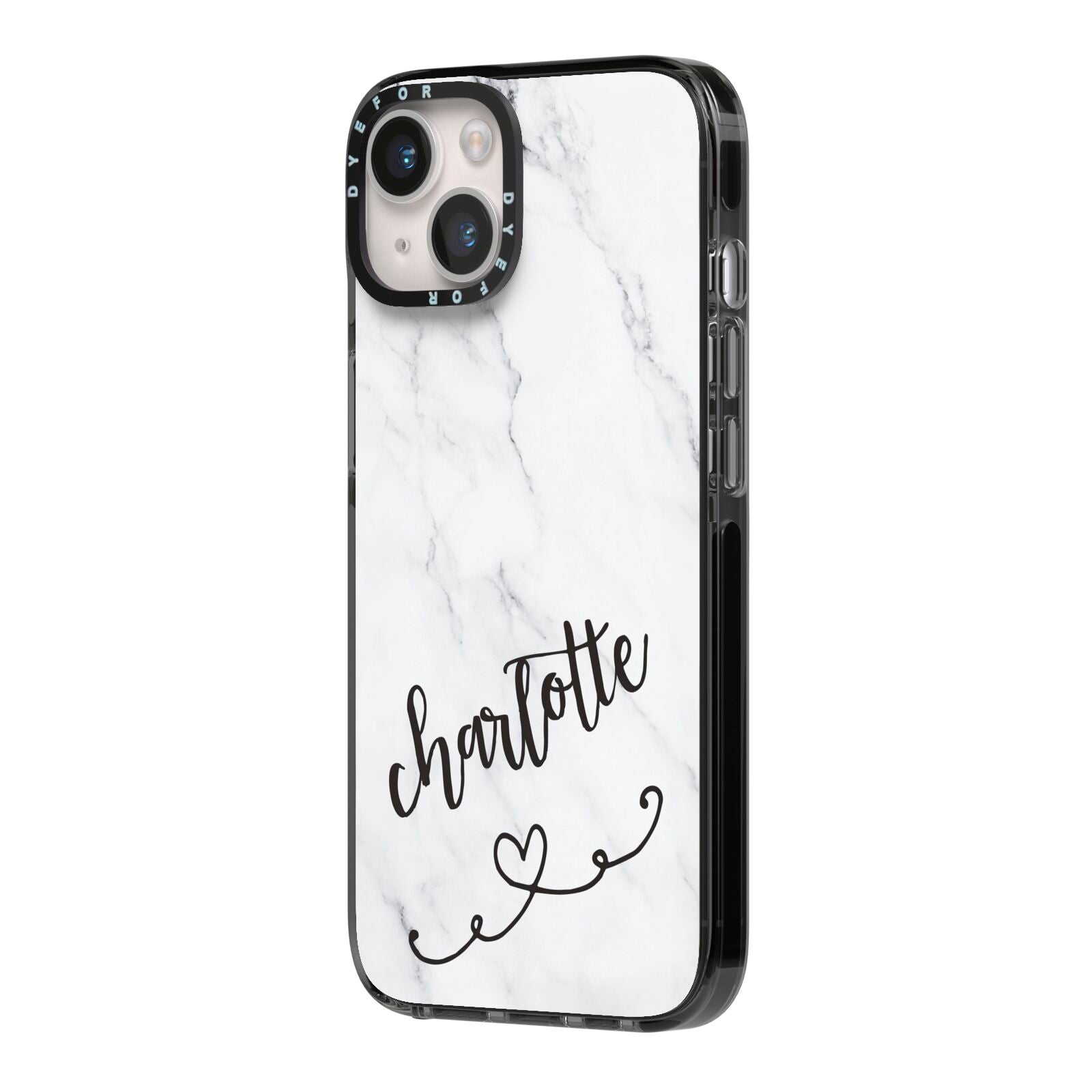 Grey Personalised Marble with Illustration Text iPhone 14 Black Impact Case Side Angle on Silver phone