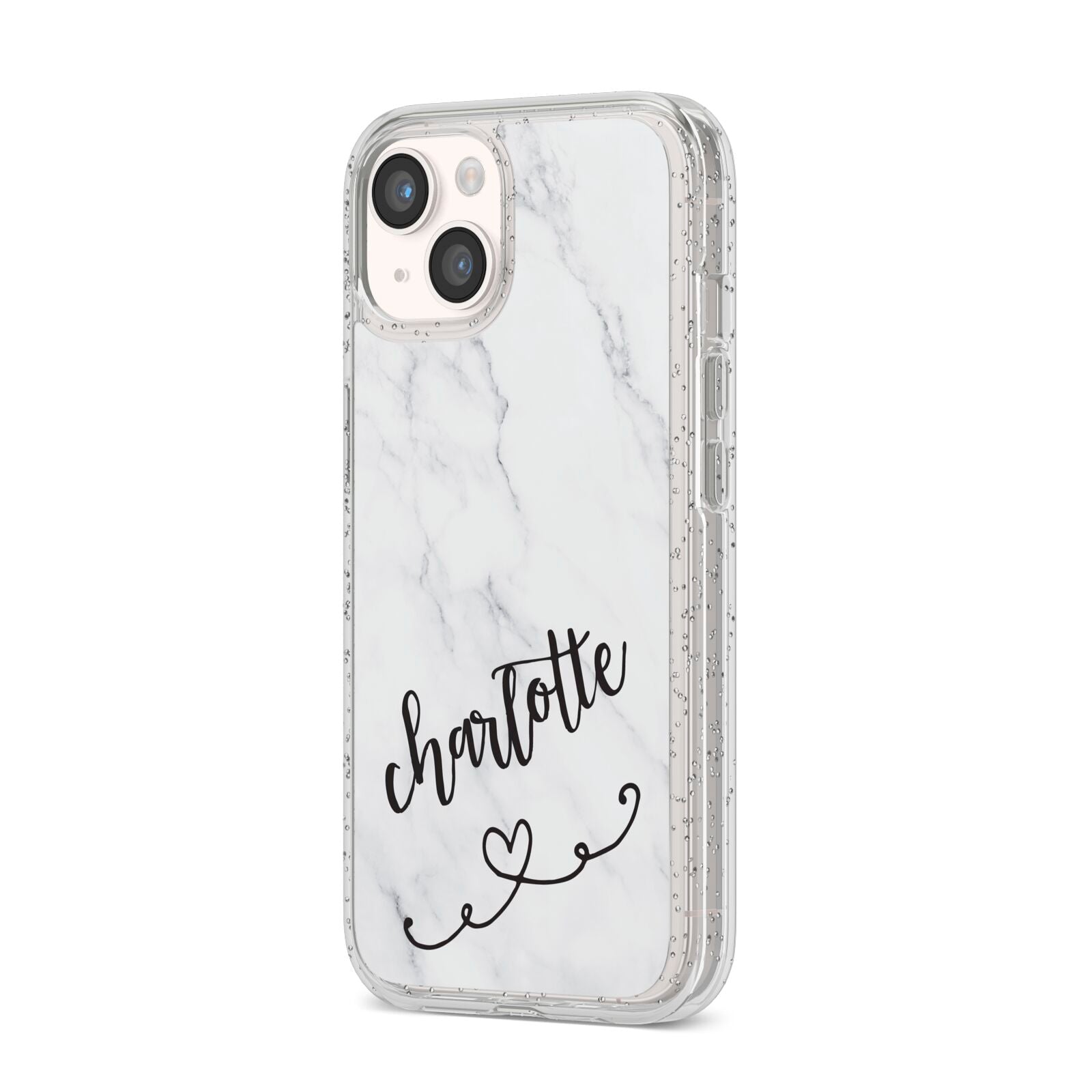 Grey Personalised Marble with Illustration Text iPhone 14 Glitter Tough Case Starlight Angled Image