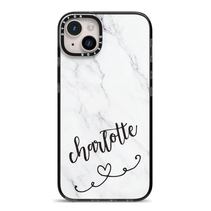 Grey Personalised Marble with Illustration Text iPhone 14 Plus Black Impact Case on Silver phone