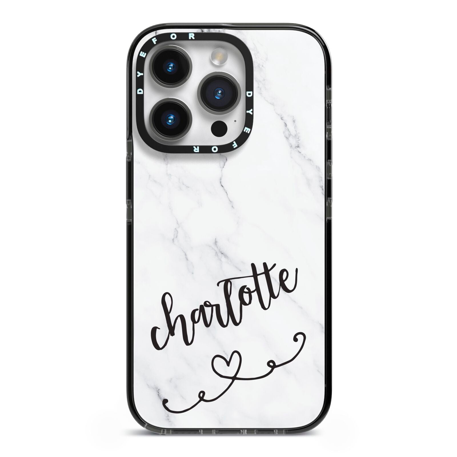 Grey Personalised Marble with Illustration Text iPhone 14 Pro Black Impact Case on Silver phone