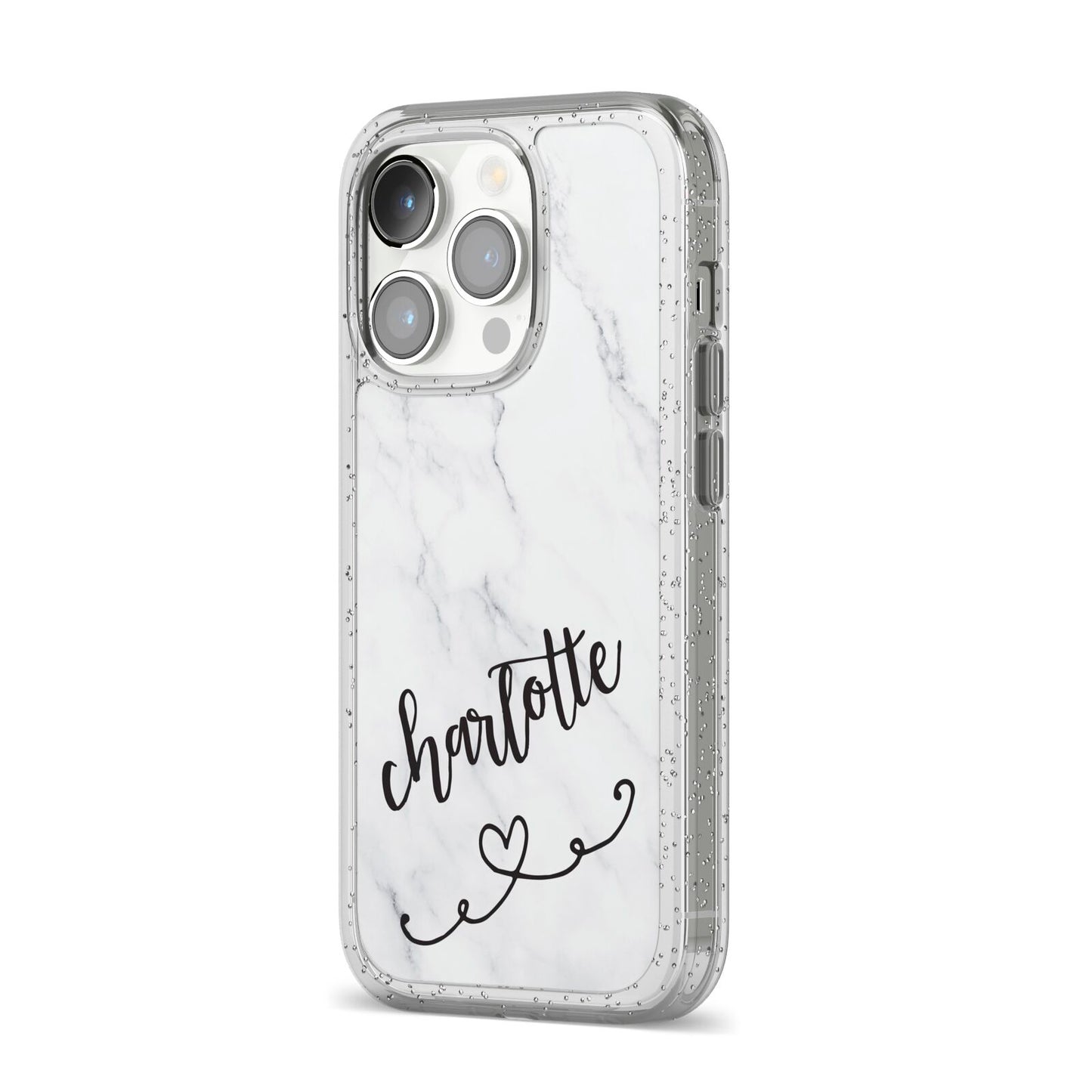 Grey Personalised Marble with Illustration Text iPhone 14 Pro Glitter Tough Case Silver Angled Image