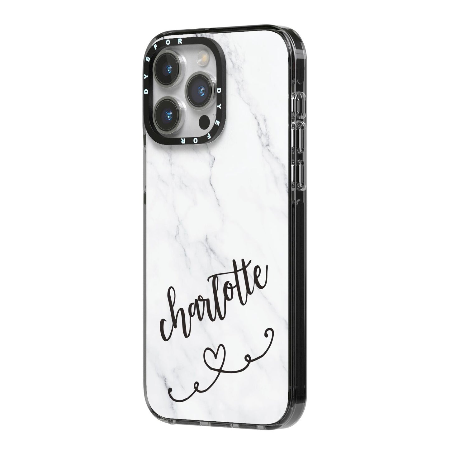 Grey Personalised Marble with Illustration Text iPhone 14 Pro Max Black Impact Case Side Angle on Silver phone
