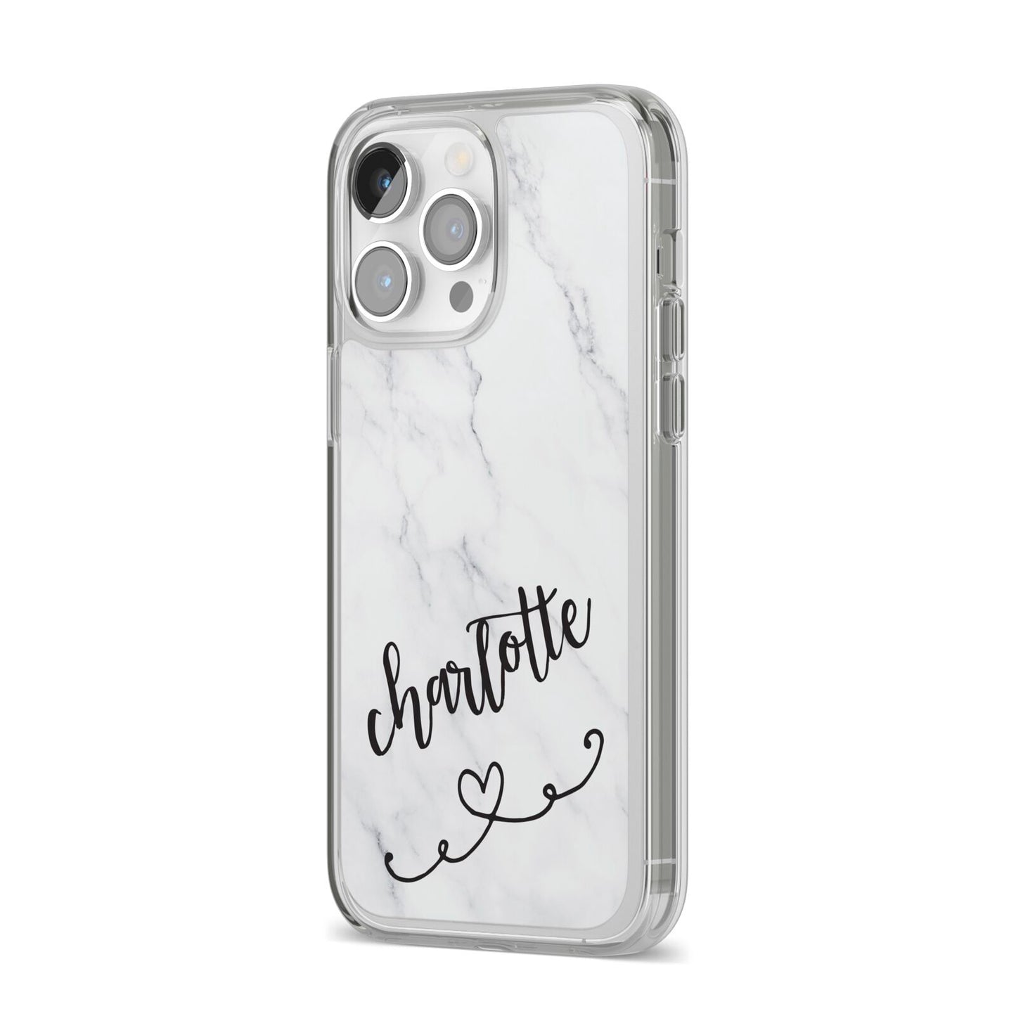 Grey Personalised Marble with Illustration Text iPhone 14 Pro Max Clear Tough Case Silver Angled Image