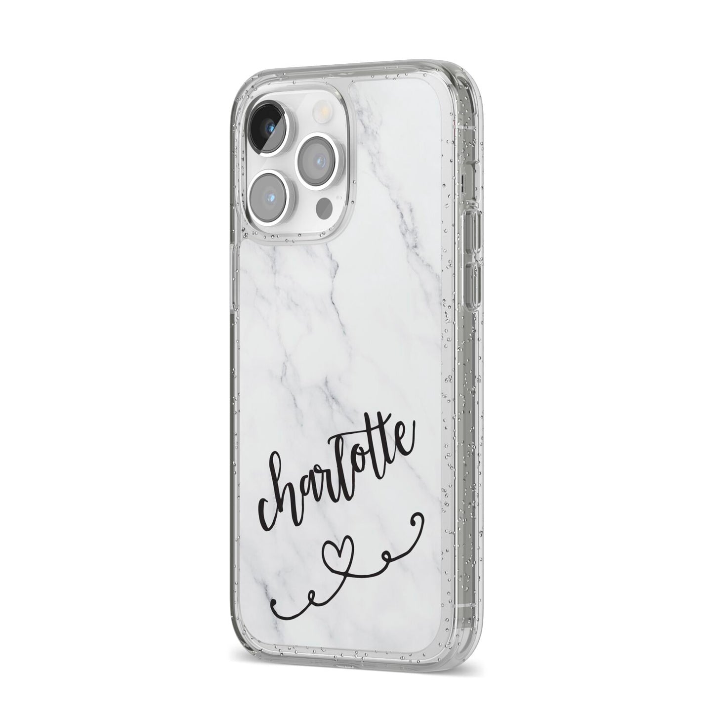 Grey Personalised Marble with Illustration Text iPhone 14 Pro Max Glitter Tough Case Silver Angled Image
