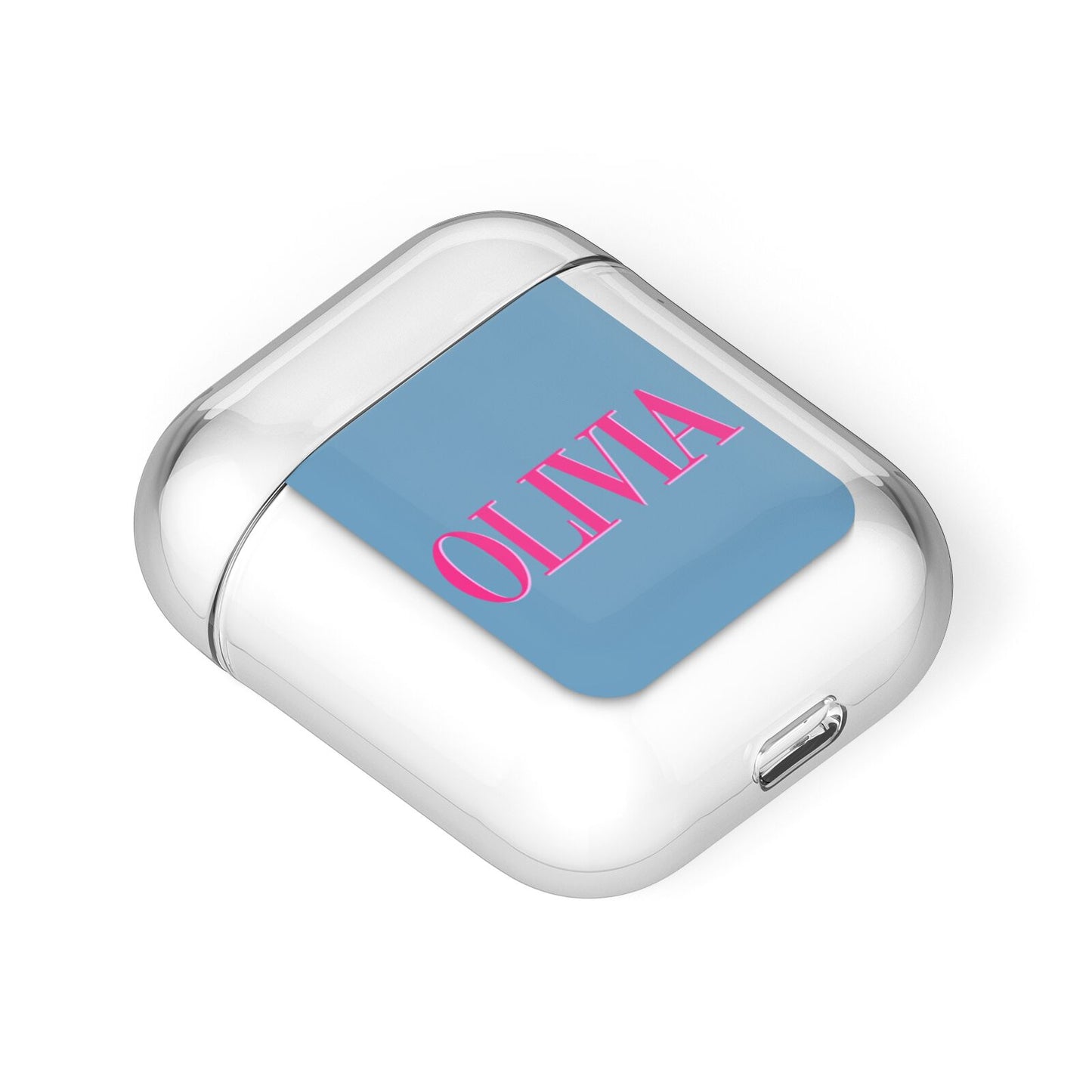 Grey Pink Personalised Name AirPods Case Laid Flat