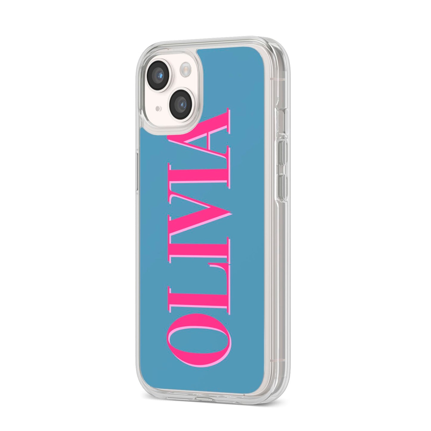 Grey Pink Personalised Name iPhone 14 Clear Tough Case Starlight Angled Image