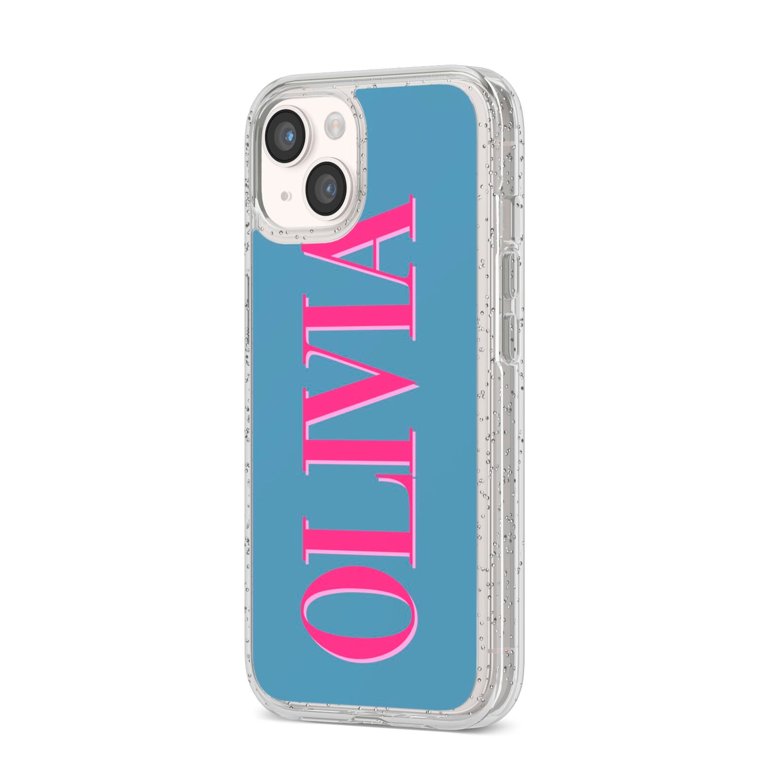 Grey Pink Personalised Name iPhone 14 Glitter Tough Case Starlight Angled Image