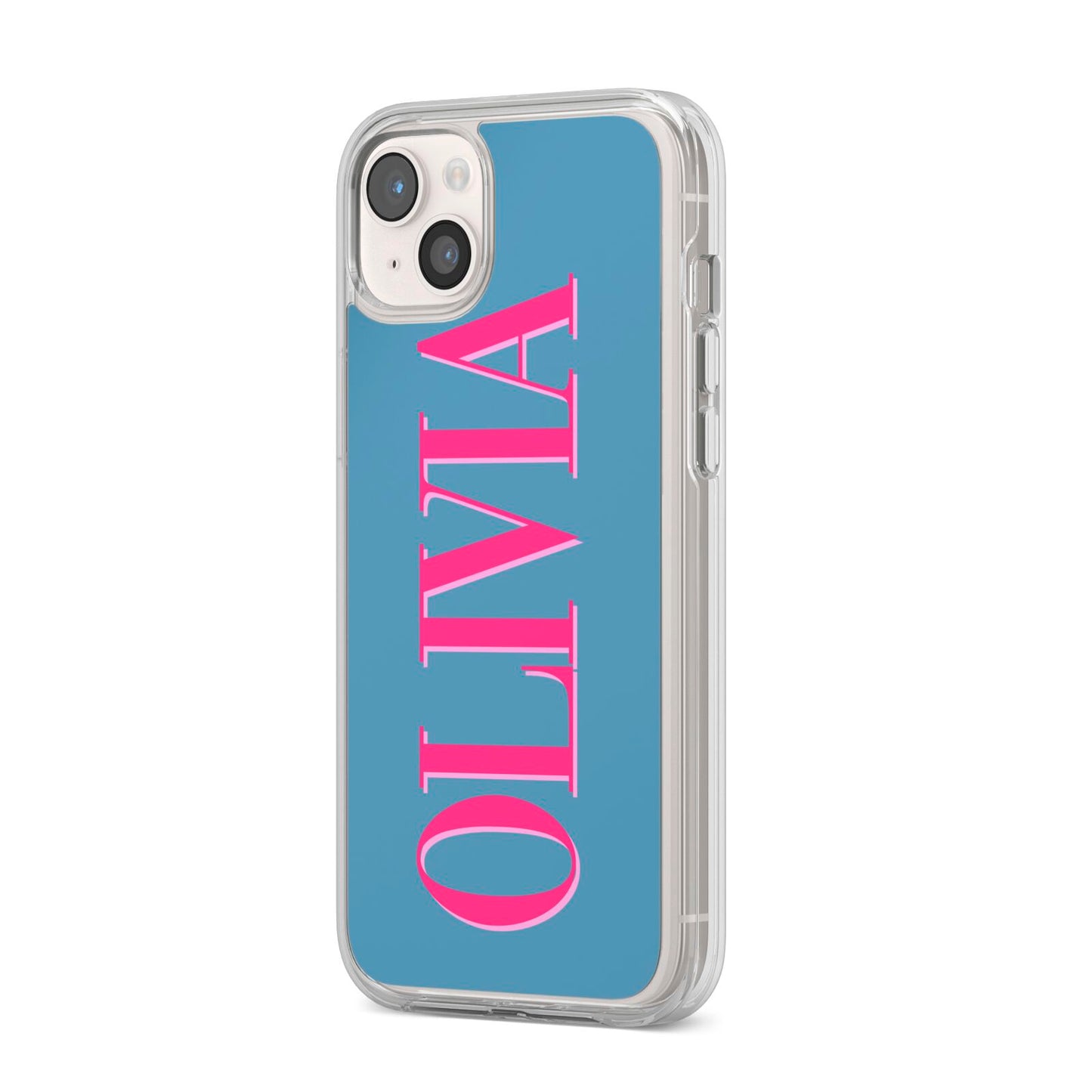 Grey Pink Personalised Name iPhone 14 Plus Clear Tough Case Starlight Angled Image