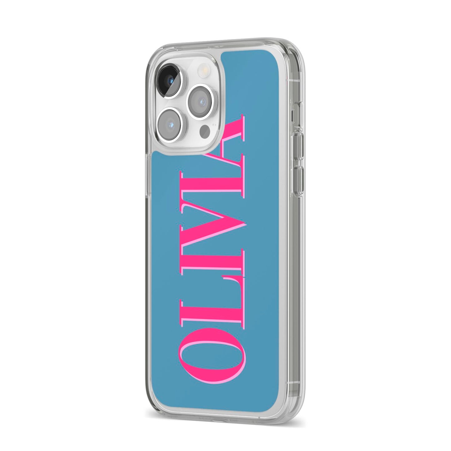 Grey Pink Personalised Name iPhone 14 Pro Max Clear Tough Case Silver Angled Image