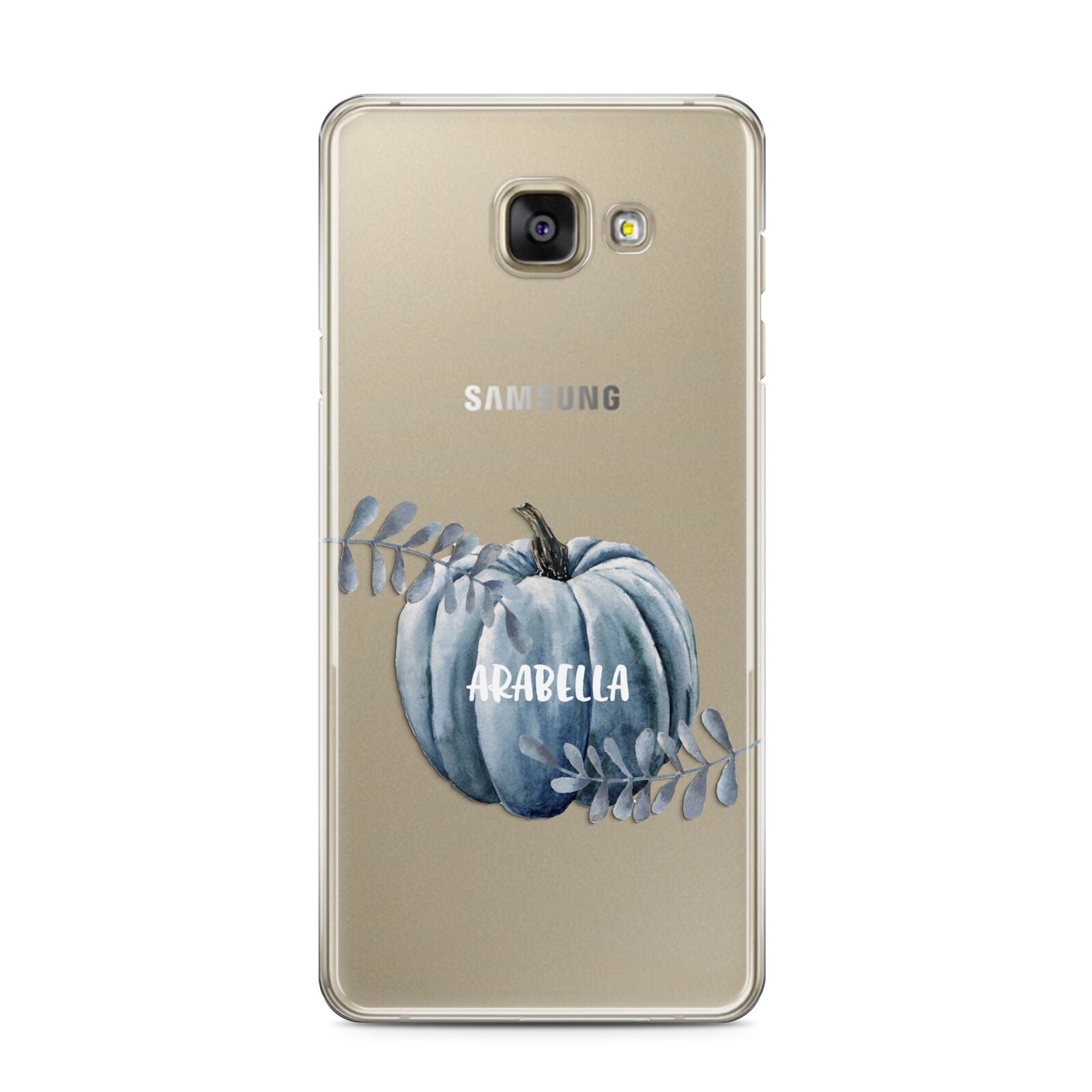 Grey Pumpkin Samsung Galaxy A3 2016 Case on gold phone