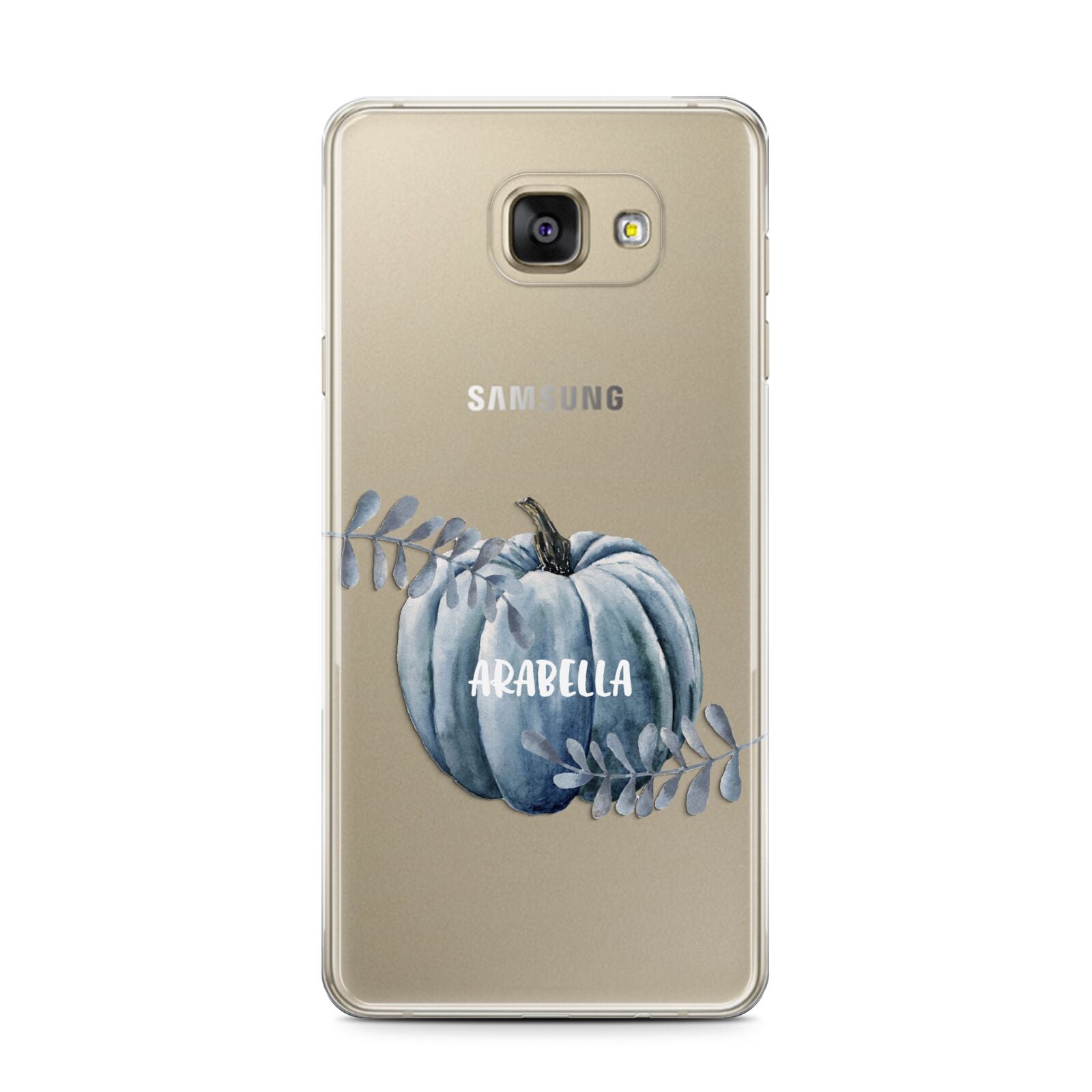 Grey Pumpkin Samsung Galaxy A7 2016 Case on gold phone