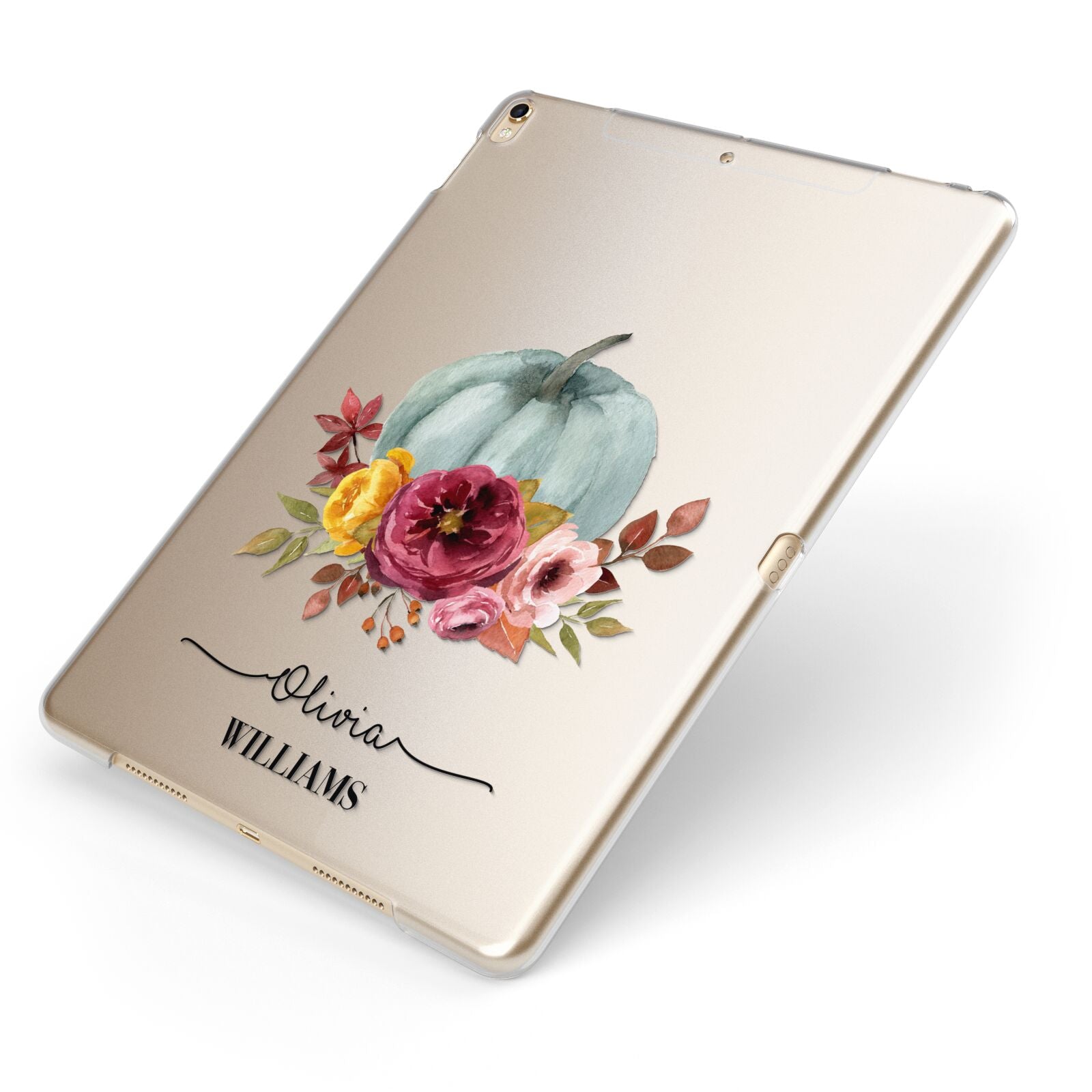 Grey Watercolour Pumpkins with Text Apple iPad Case on Gold iPad Side View