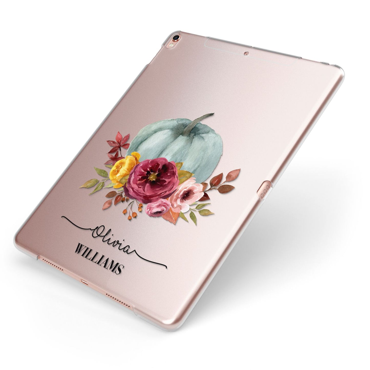 Grey Watercolour Pumpkins with Text Apple iPad Case on Rose Gold iPad Side View