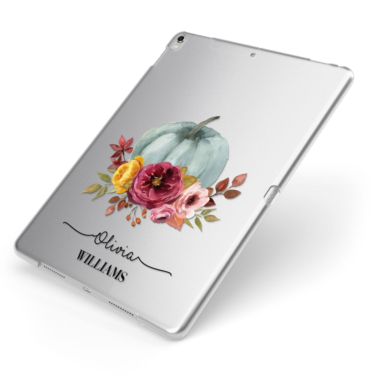 Grey Watercolour Pumpkins with Text Apple iPad Case on Silver iPad Side View