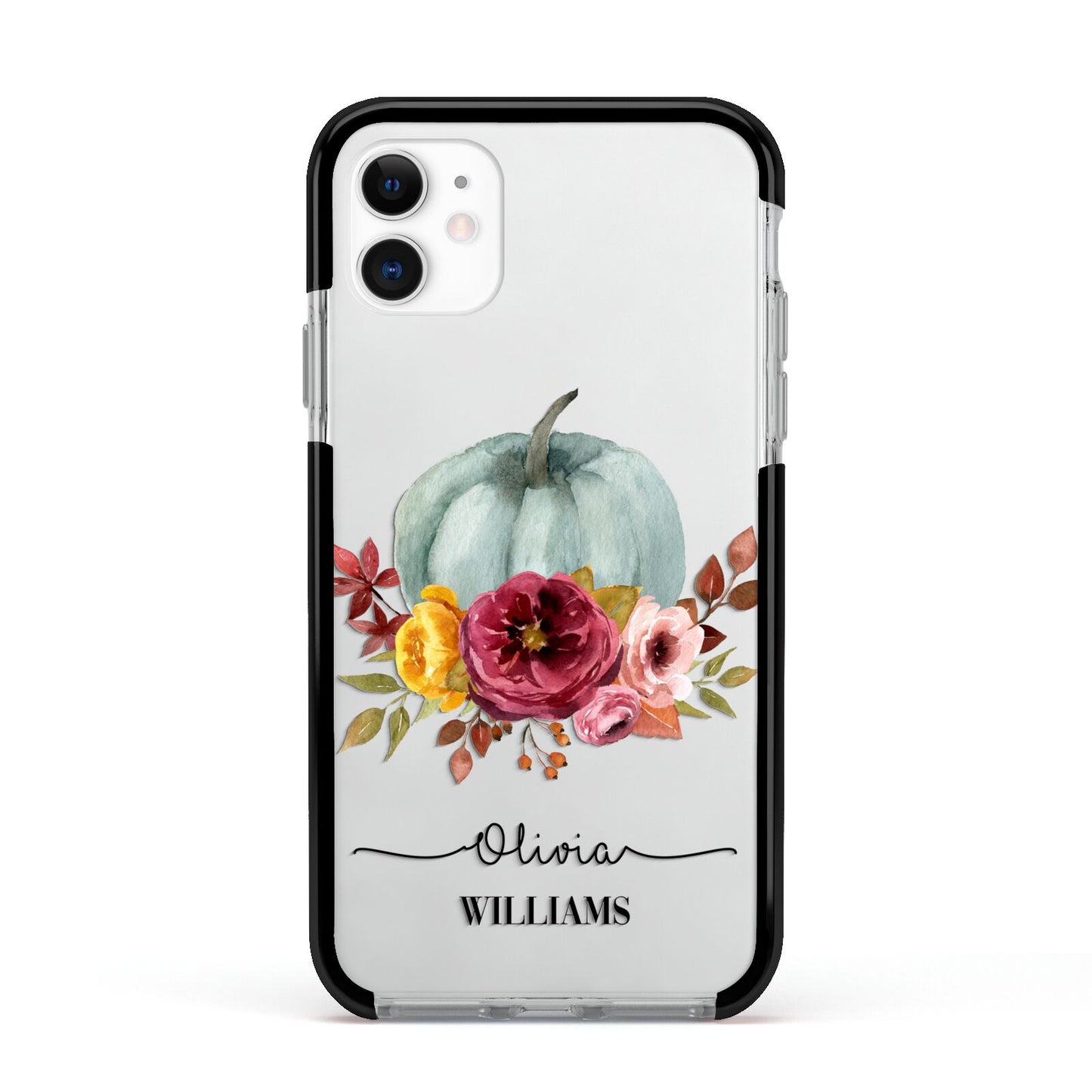 Grey Watercolour Pumpkins with Text Apple iPhone 11 in White with Black Impact Case