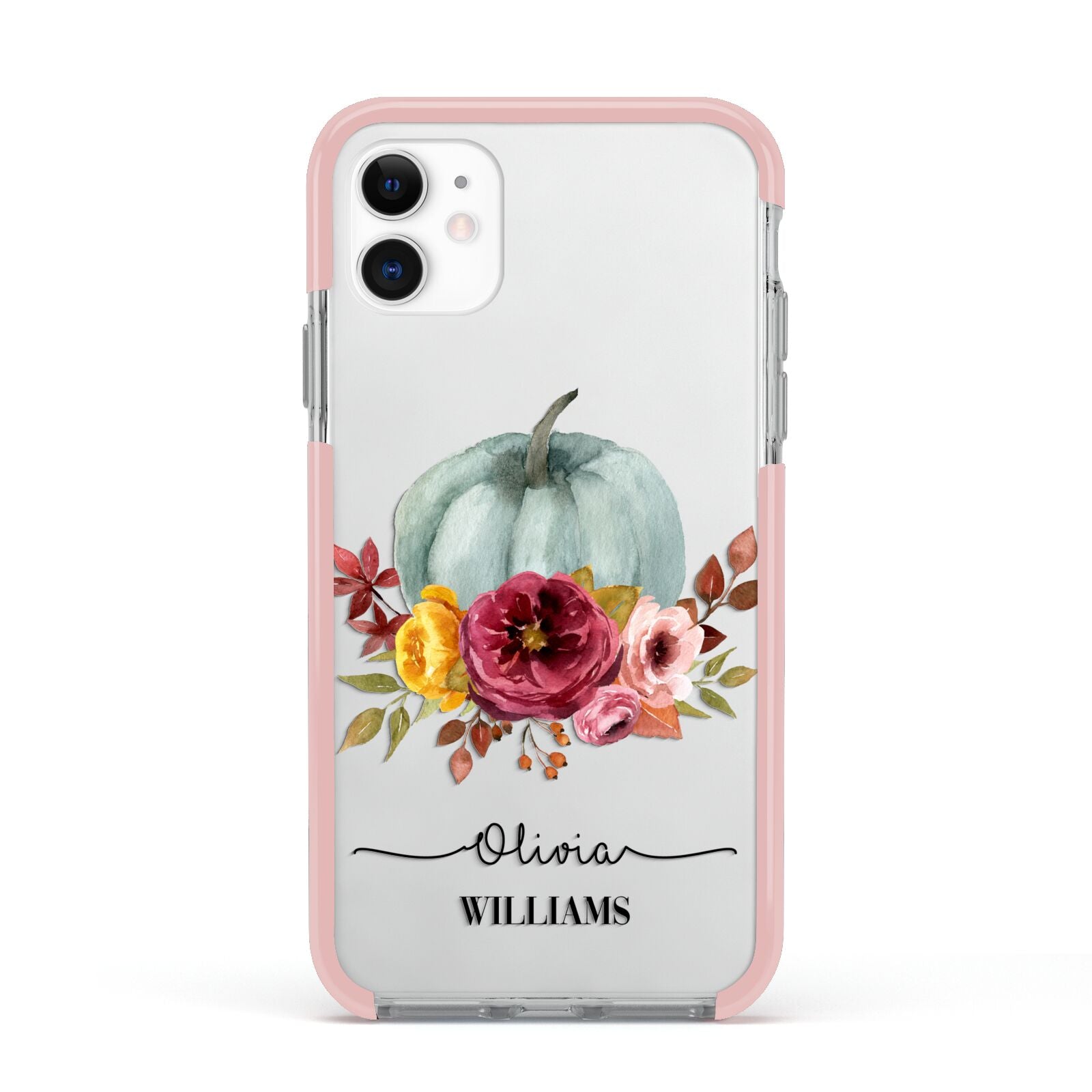 Grey Watercolour Pumpkins with Text Apple iPhone 11 in White with Pink Impact Case