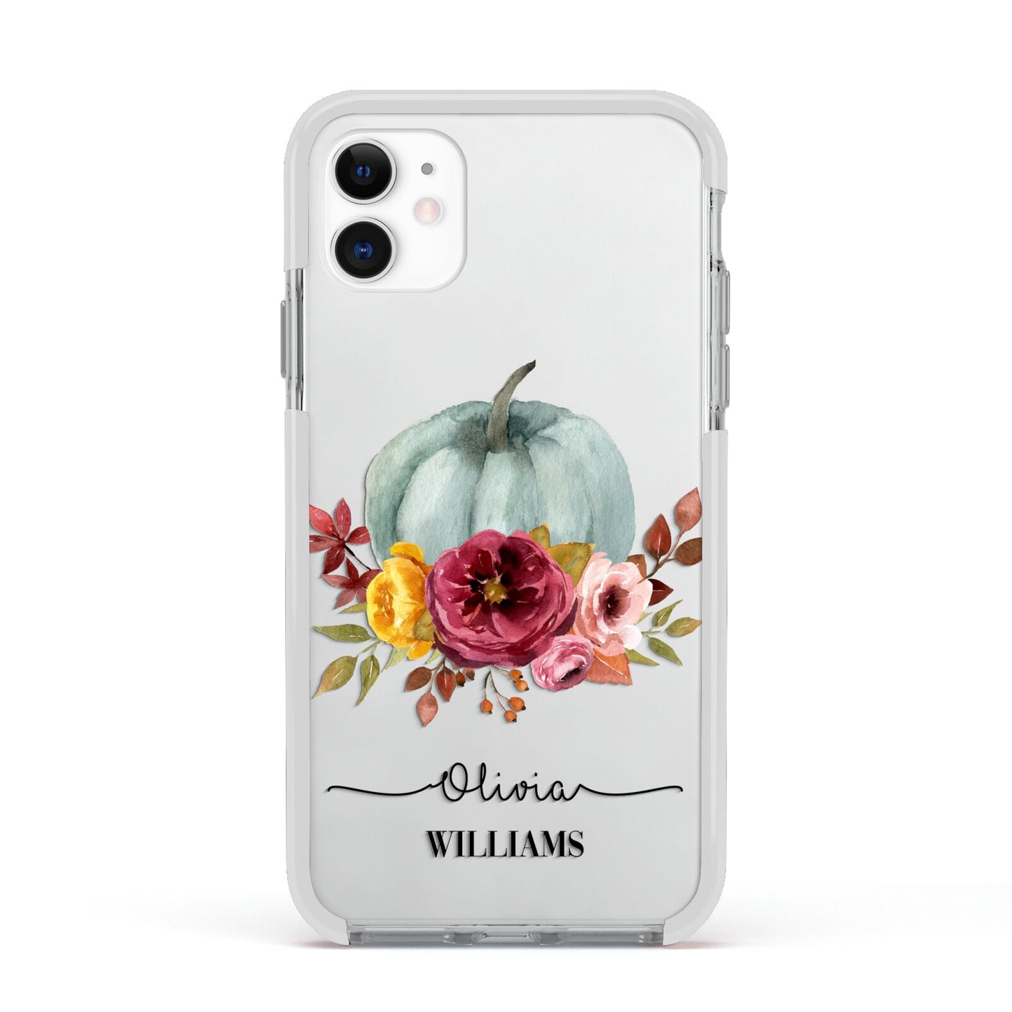 Grey Watercolour Pumpkins with Text Apple iPhone 11 in White with White Impact Case