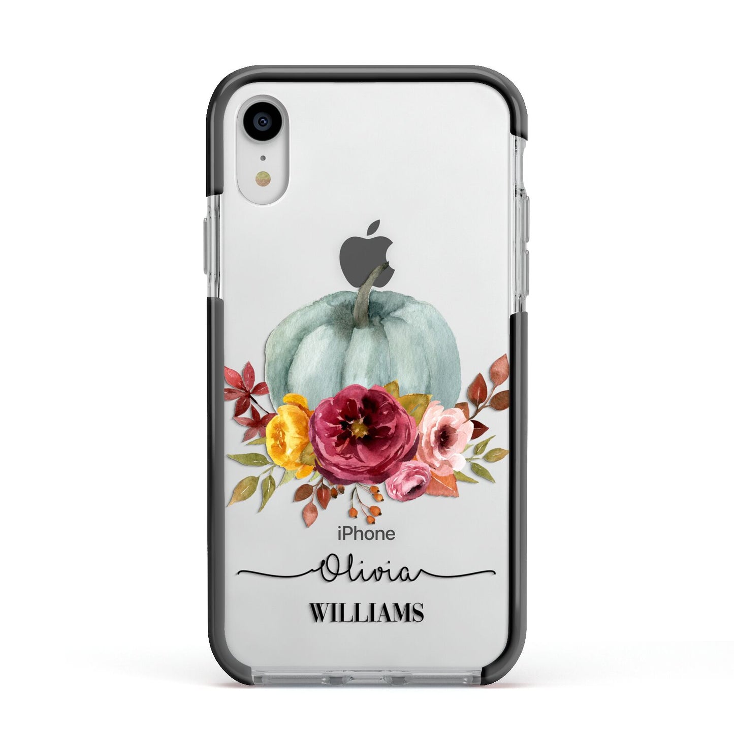 Grey Watercolour Pumpkins with Text Apple iPhone XR Impact Case Black Edge on Silver Phone