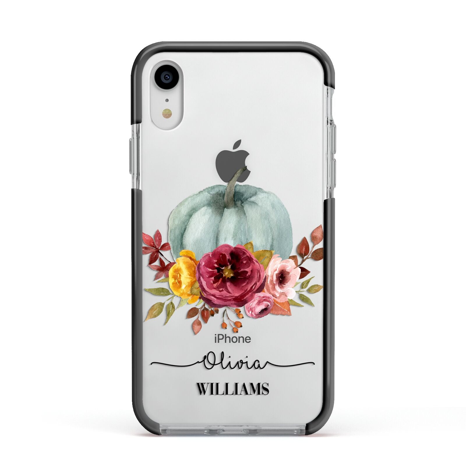 Grey Watercolour Pumpkins with Text Apple iPhone XR Impact Case Black Edge on Silver Phone