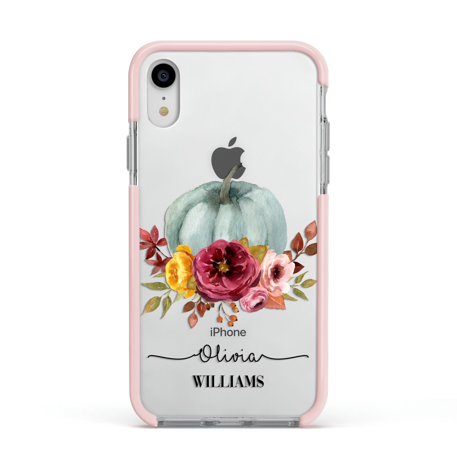 Grey Watercolour Pumpkins with Text Apple iPhone XR Impact Case Pink Edge on Silver Phone