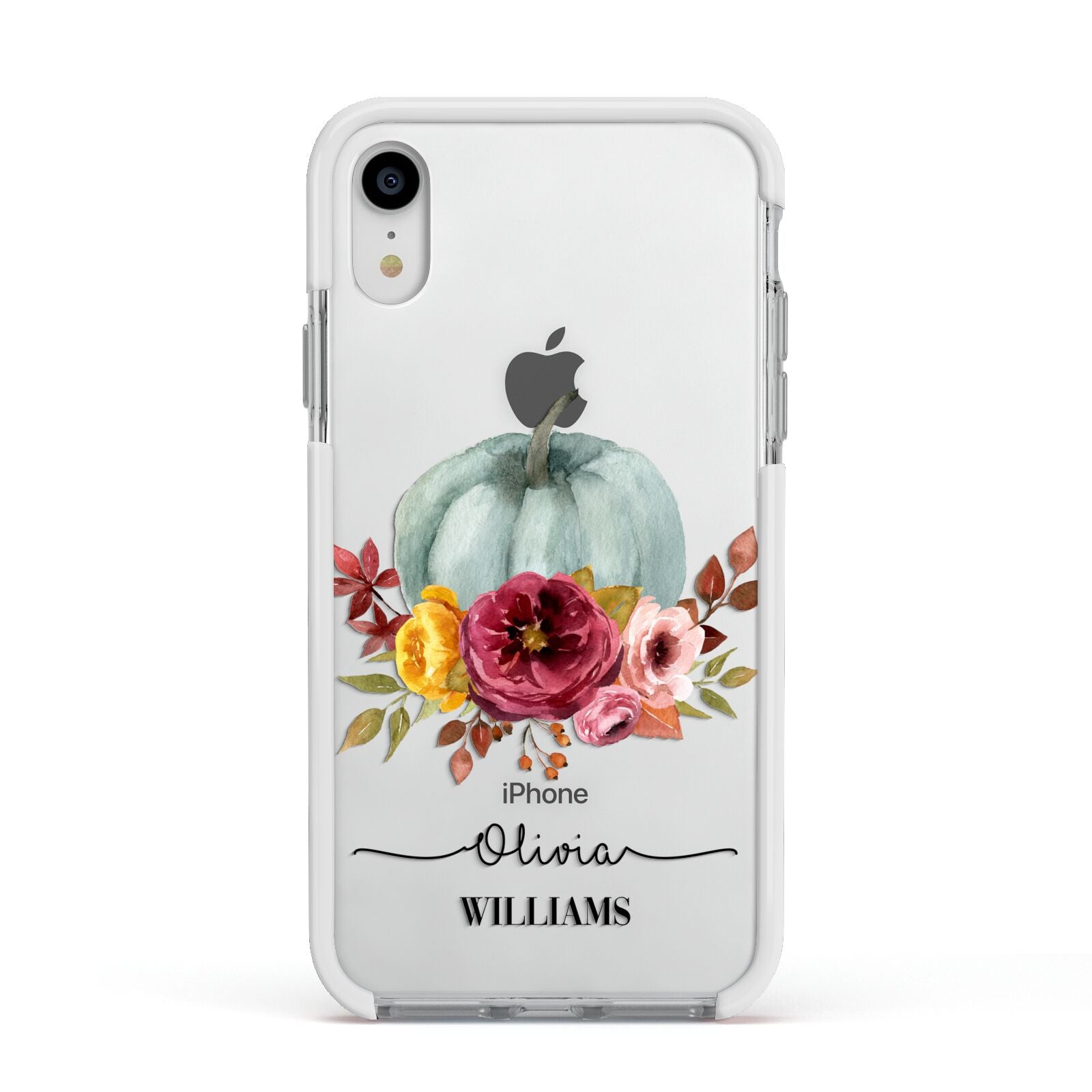 Grey Watercolour Pumpkins with Text Apple iPhone XR Impact Case White Edge on Silver Phone