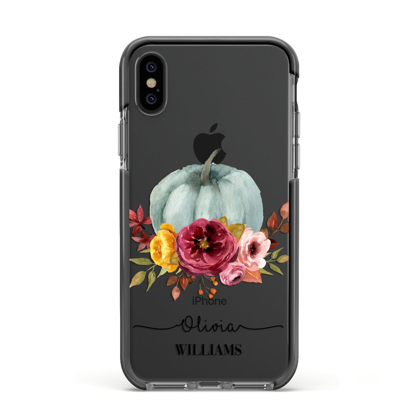 Grey Watercolour Pumpkins with Text Apple iPhone Xs Impact Case Black Edge on Black Phone