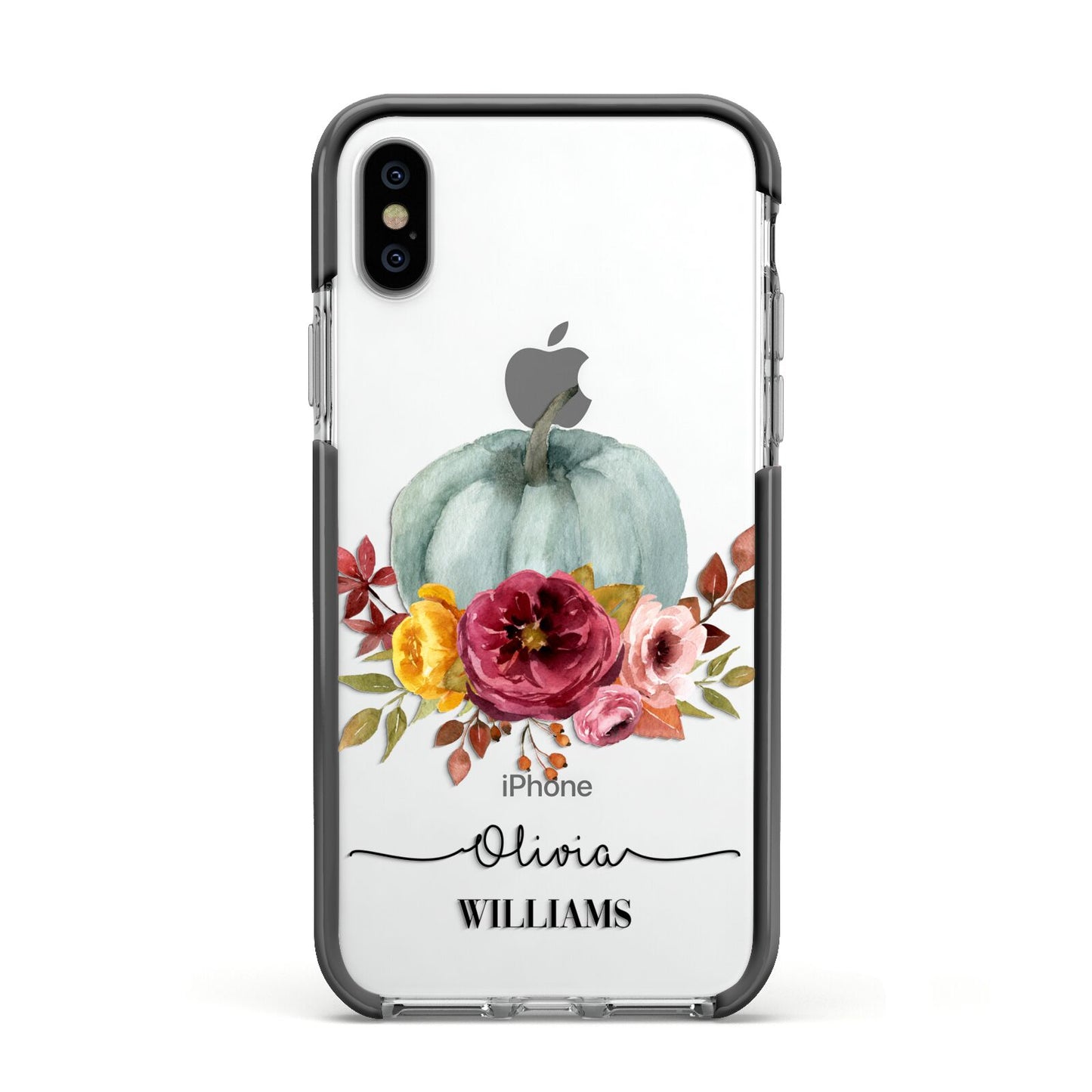 Grey Watercolour Pumpkins with Text Apple iPhone Xs Impact Case Black Edge on Silver Phone