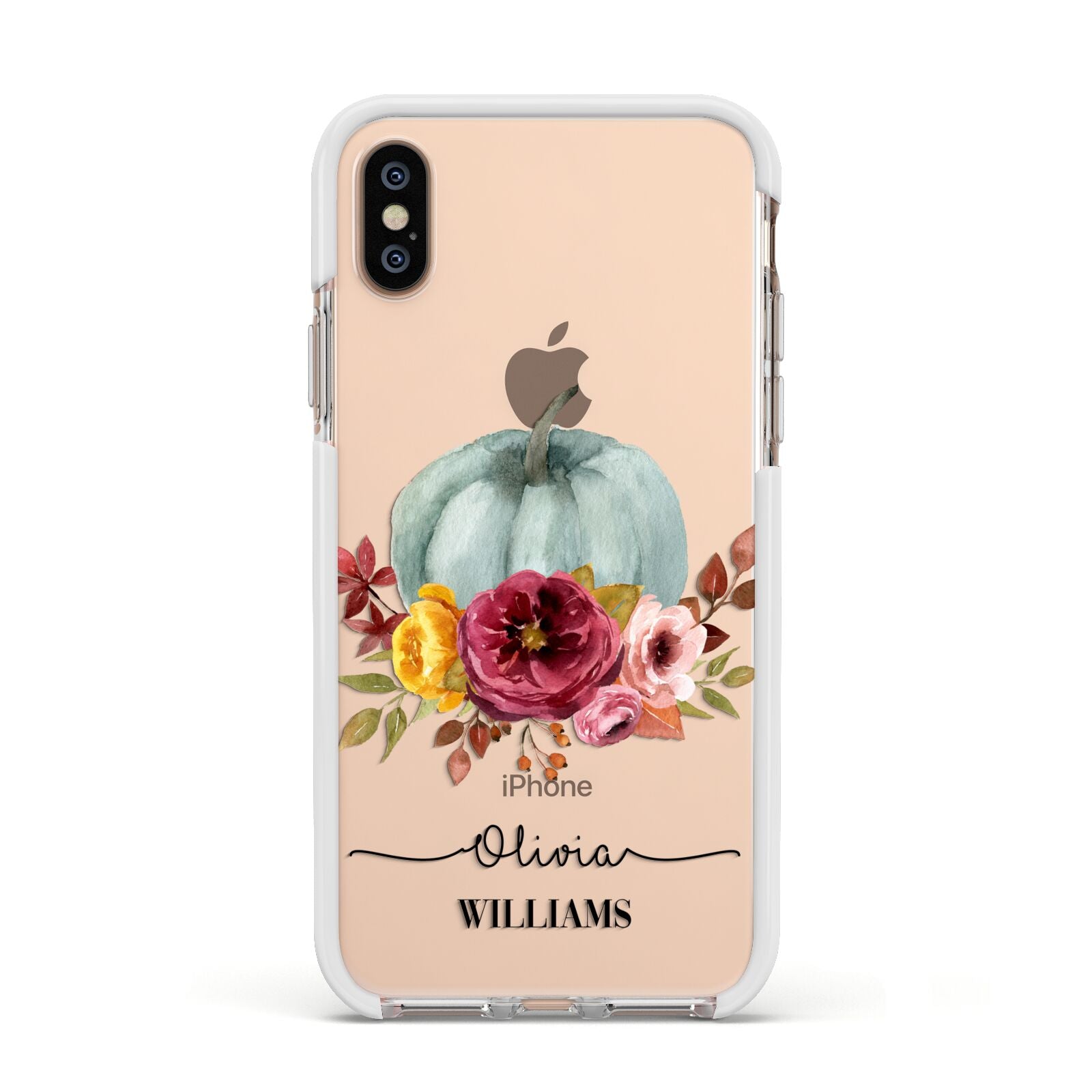 Grey Watercolour Pumpkins with Text Apple iPhone Xs Impact Case White Edge on Gold Phone