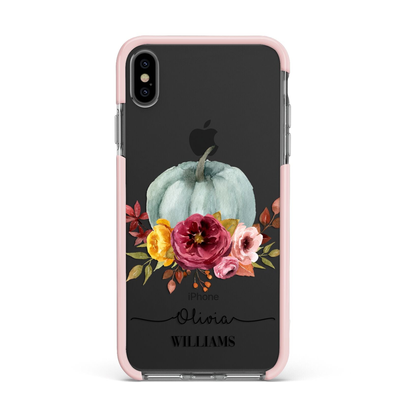 Grey Watercolour Pumpkins with Text Apple iPhone Xs Max Impact Case Pink Edge on Black Phone