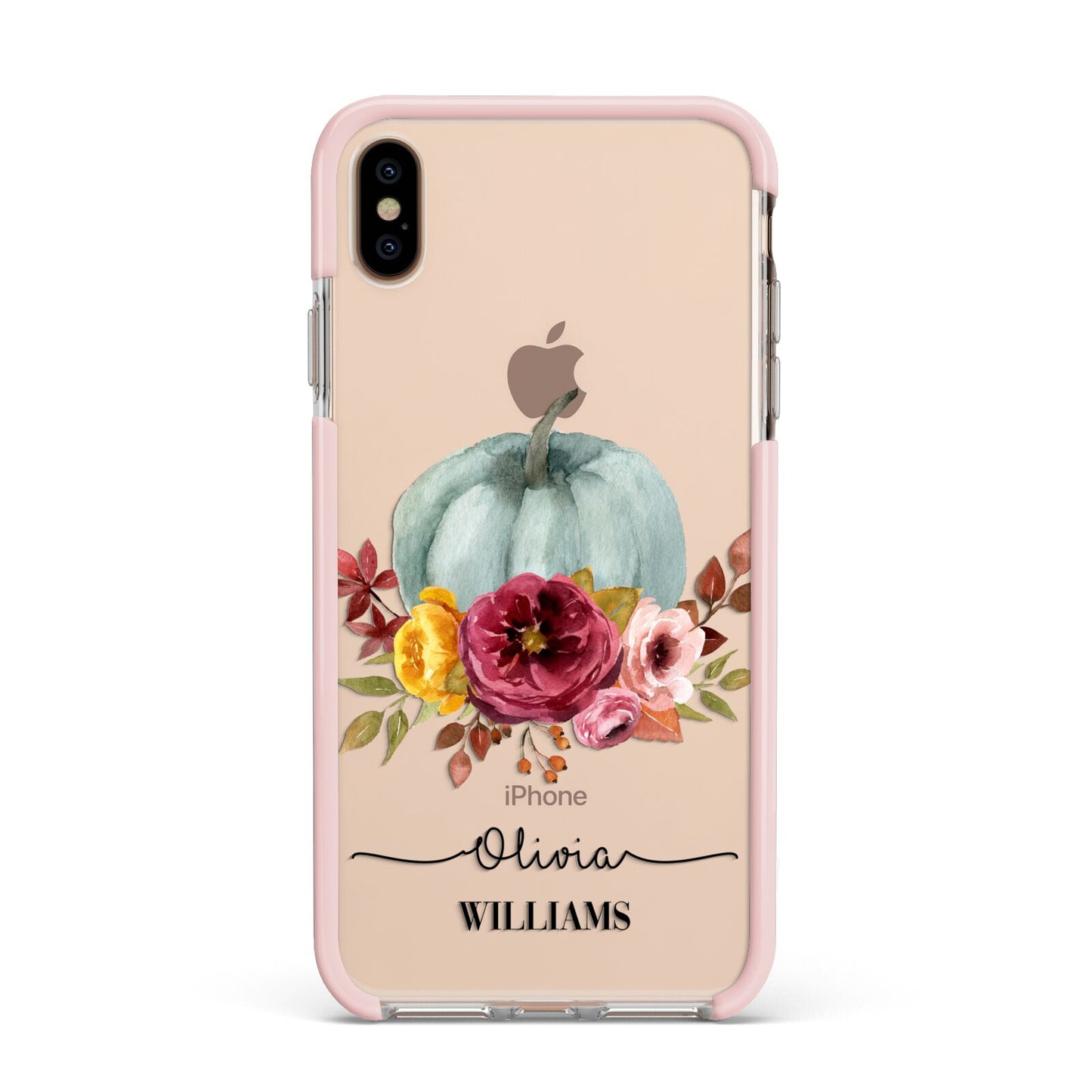 Grey Watercolour Pumpkins with Text Apple iPhone Xs Max Impact Case Pink Edge on Gold Phone