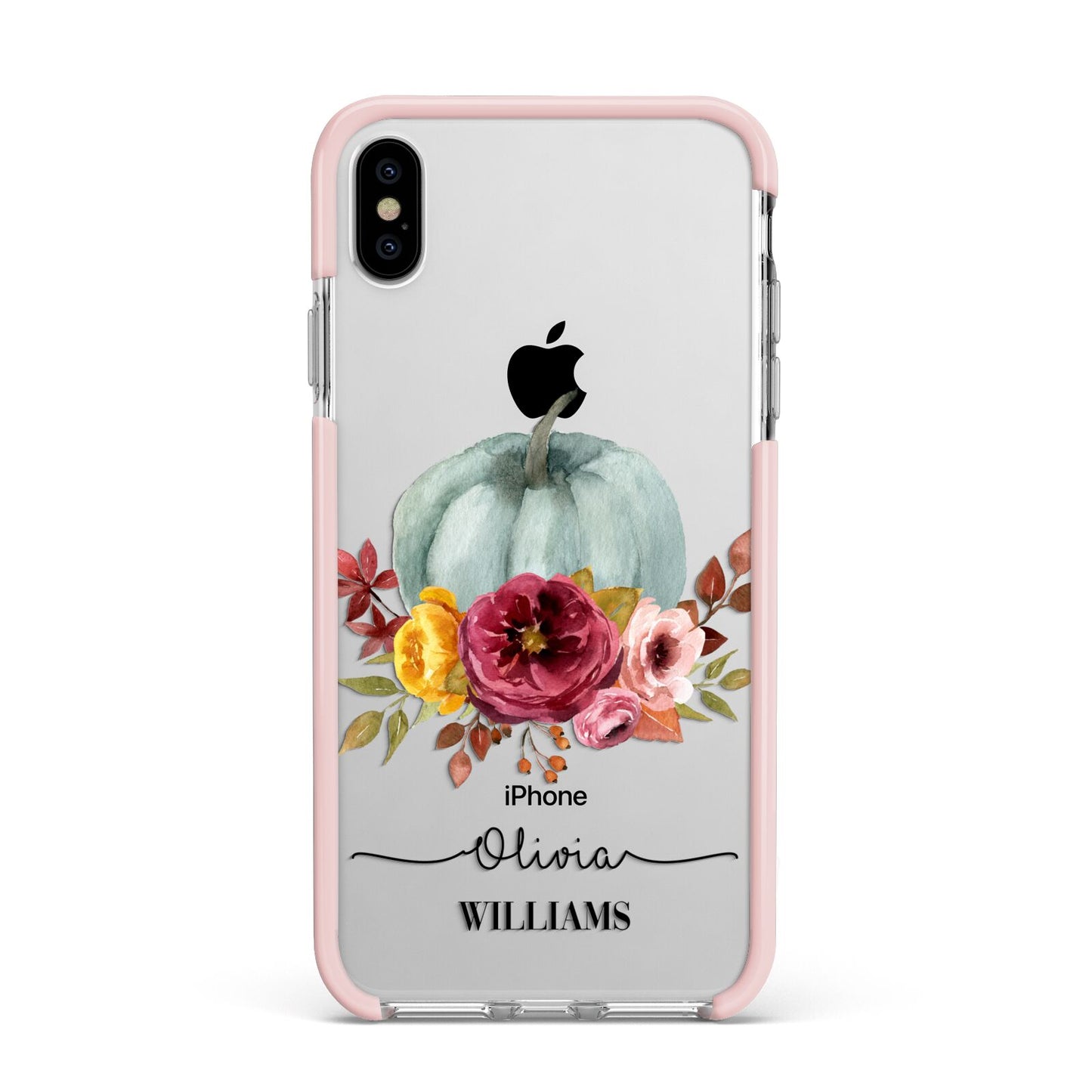 Grey Watercolour Pumpkins with Text Apple iPhone Xs Max Impact Case Pink Edge on Silver Phone