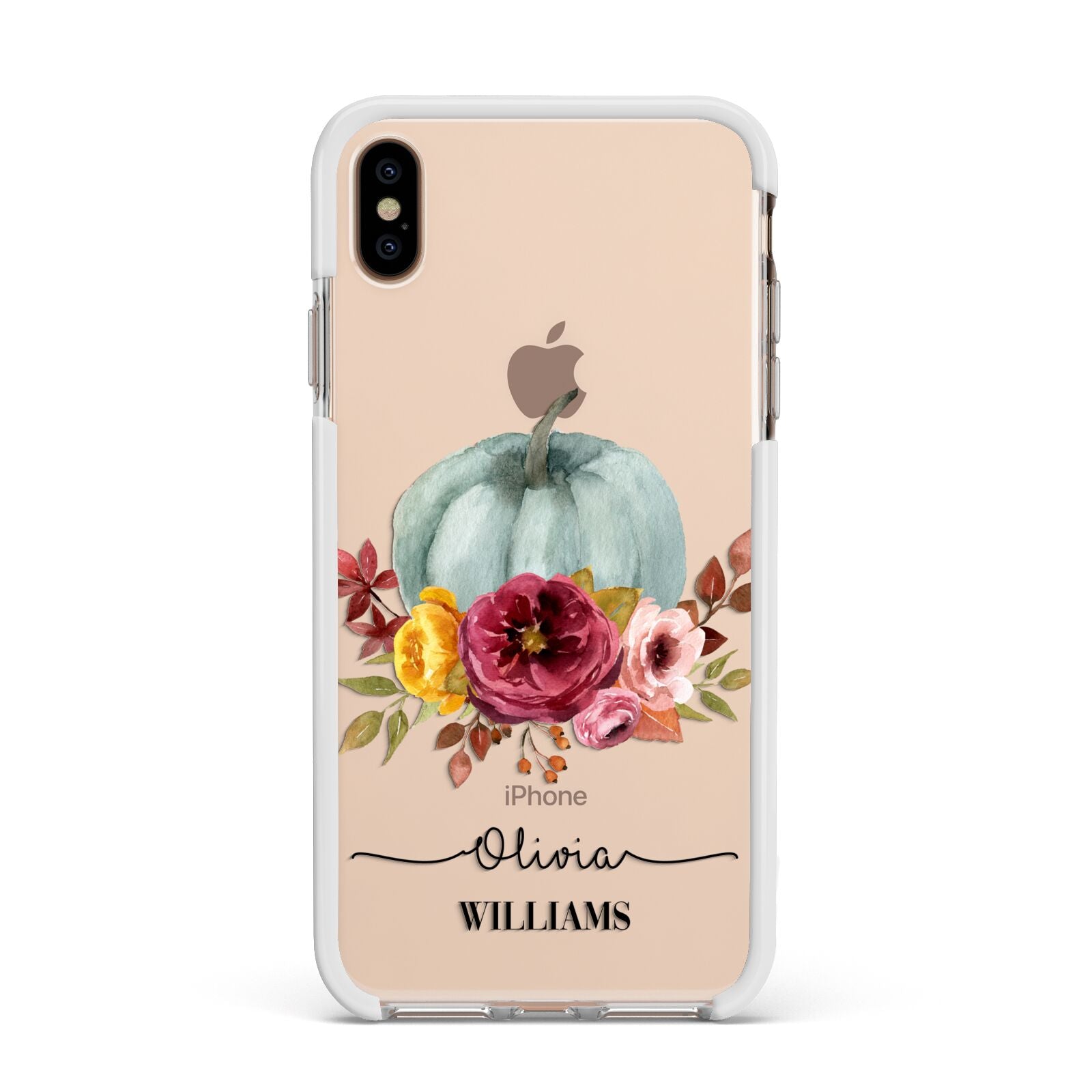 Grey Watercolour Pumpkins with Text Apple iPhone Xs Max Impact Case White Edge on Gold Phone