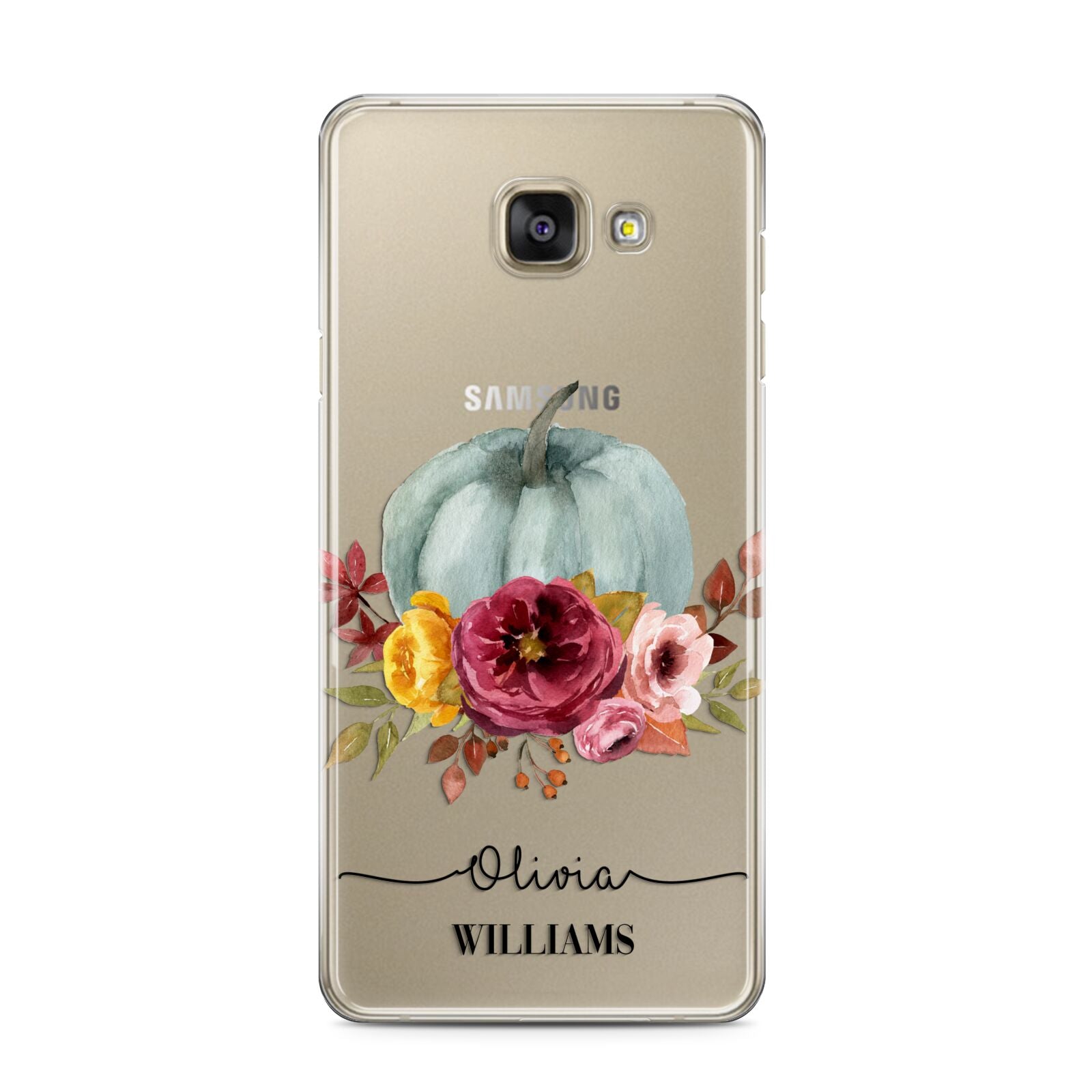 Grey Watercolour Pumpkins with Text Samsung Galaxy A3 2016 Case on gold phone