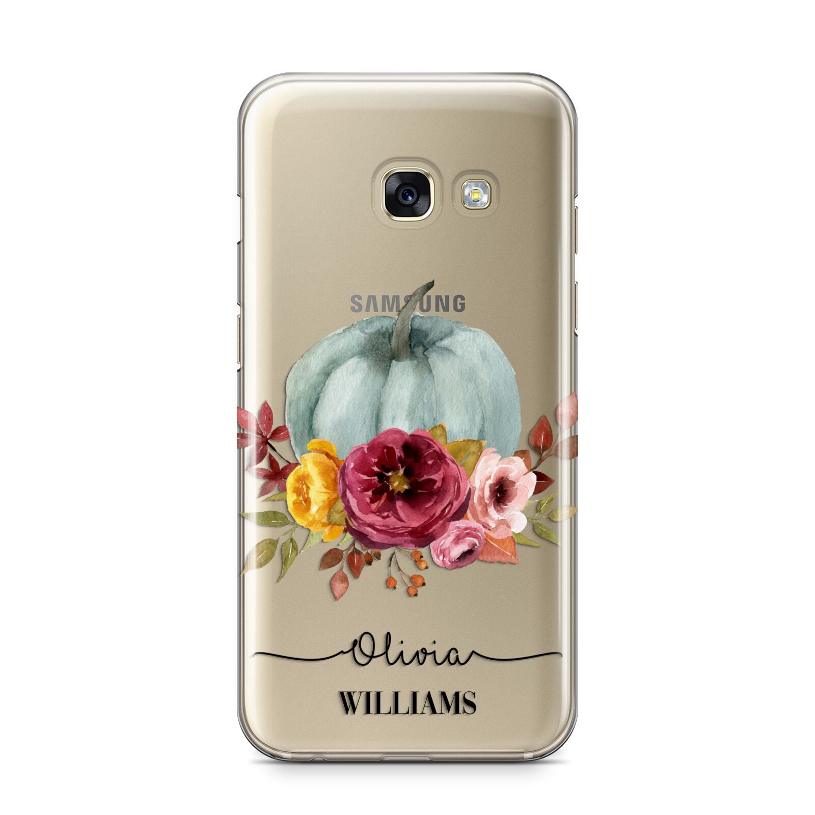 Grey Watercolour Pumpkins with Text Samsung Galaxy A3 2017 Case on gold phone