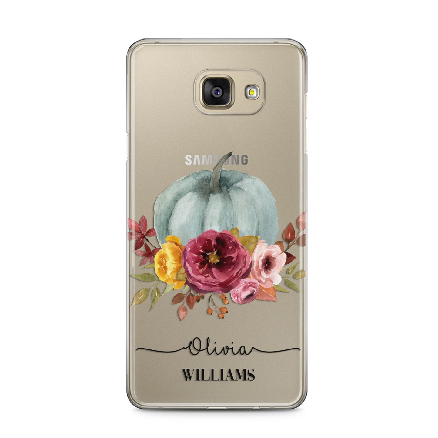 Grey Watercolour Pumpkins with Text Samsung Galaxy A5 2016 Case on gold phone