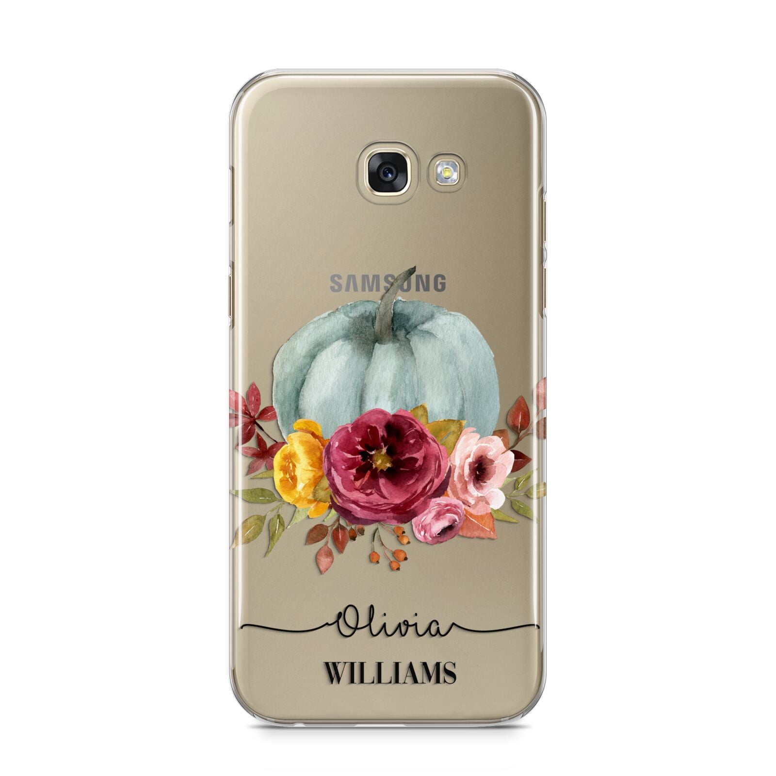 Grey Watercolour Pumpkins with Text Samsung Galaxy A5 2017 Case on gold phone