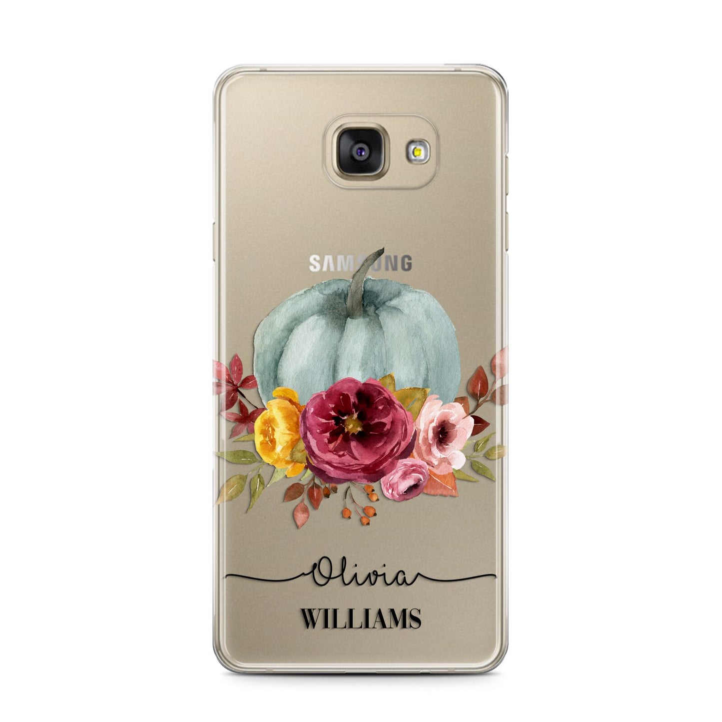 Grey Watercolour Pumpkins with Text Samsung Galaxy A7 2016 Case on gold phone