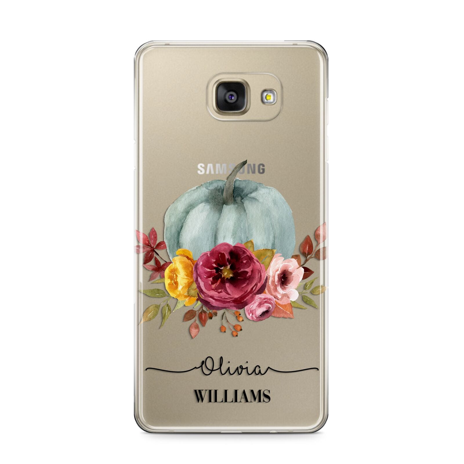 Grey Watercolour Pumpkins with Text Samsung Galaxy A9 2016 Case on gold phone