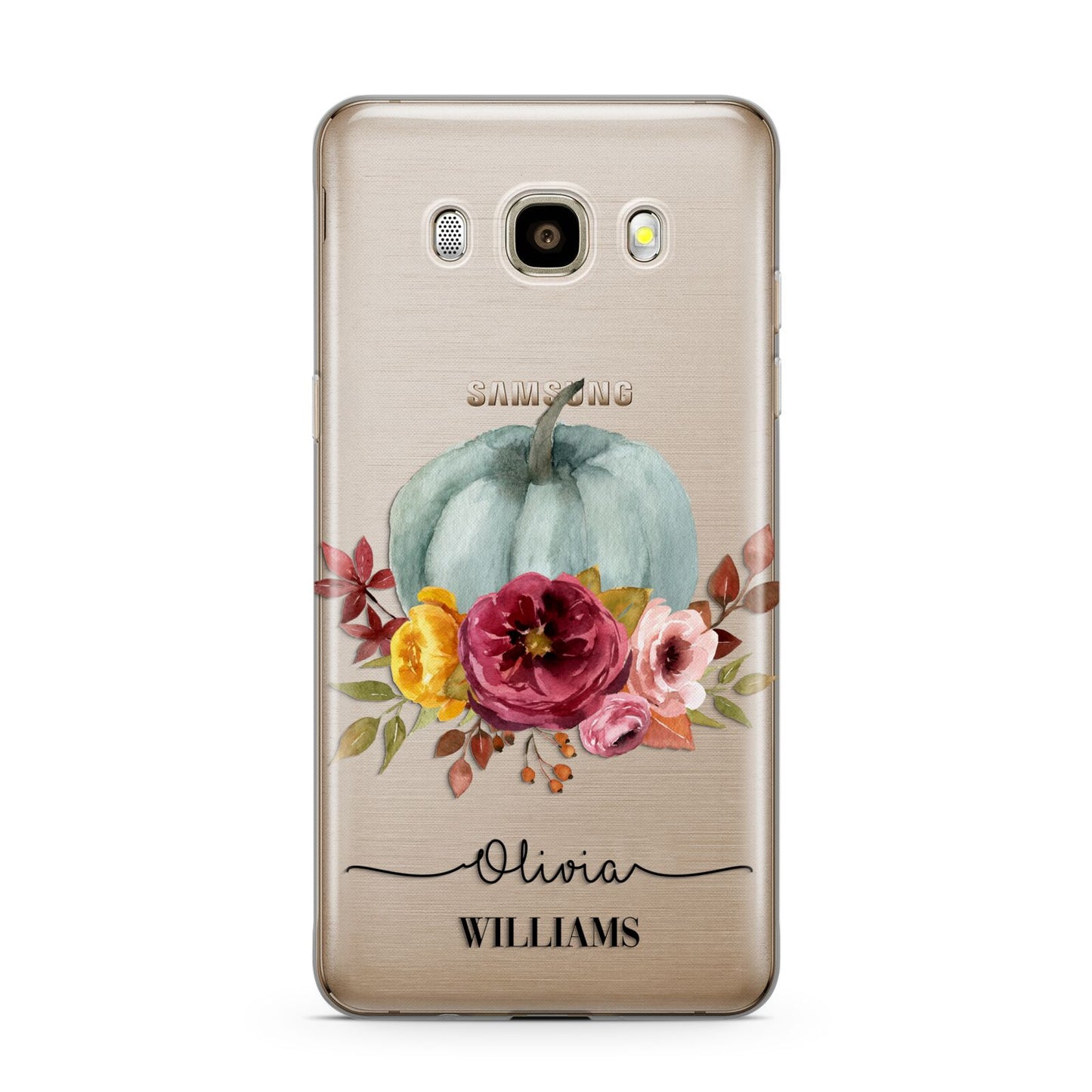 Grey Watercolour Pumpkins with Text Samsung Galaxy J7 2016 Case on gold phone