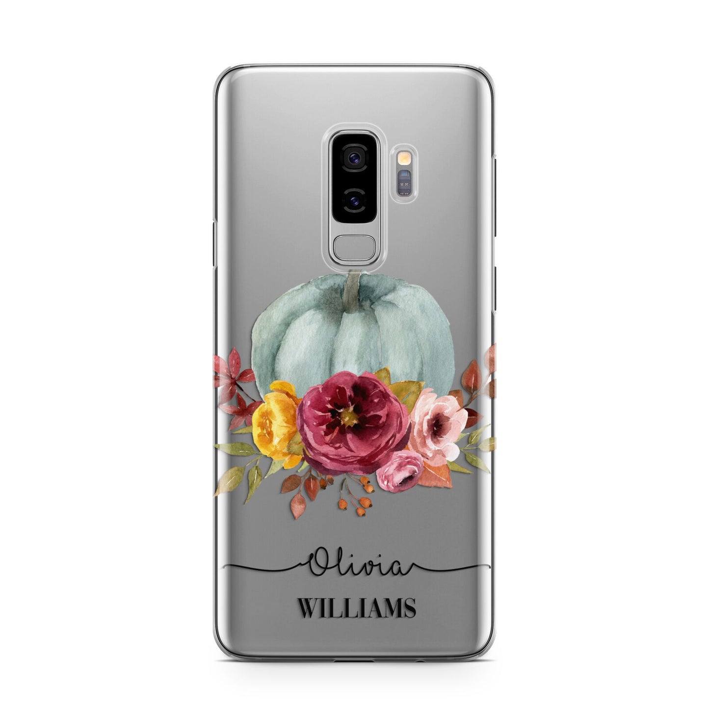 Grey Watercolour Pumpkins with Text Samsung Galaxy S9 Plus Case on Silver phone