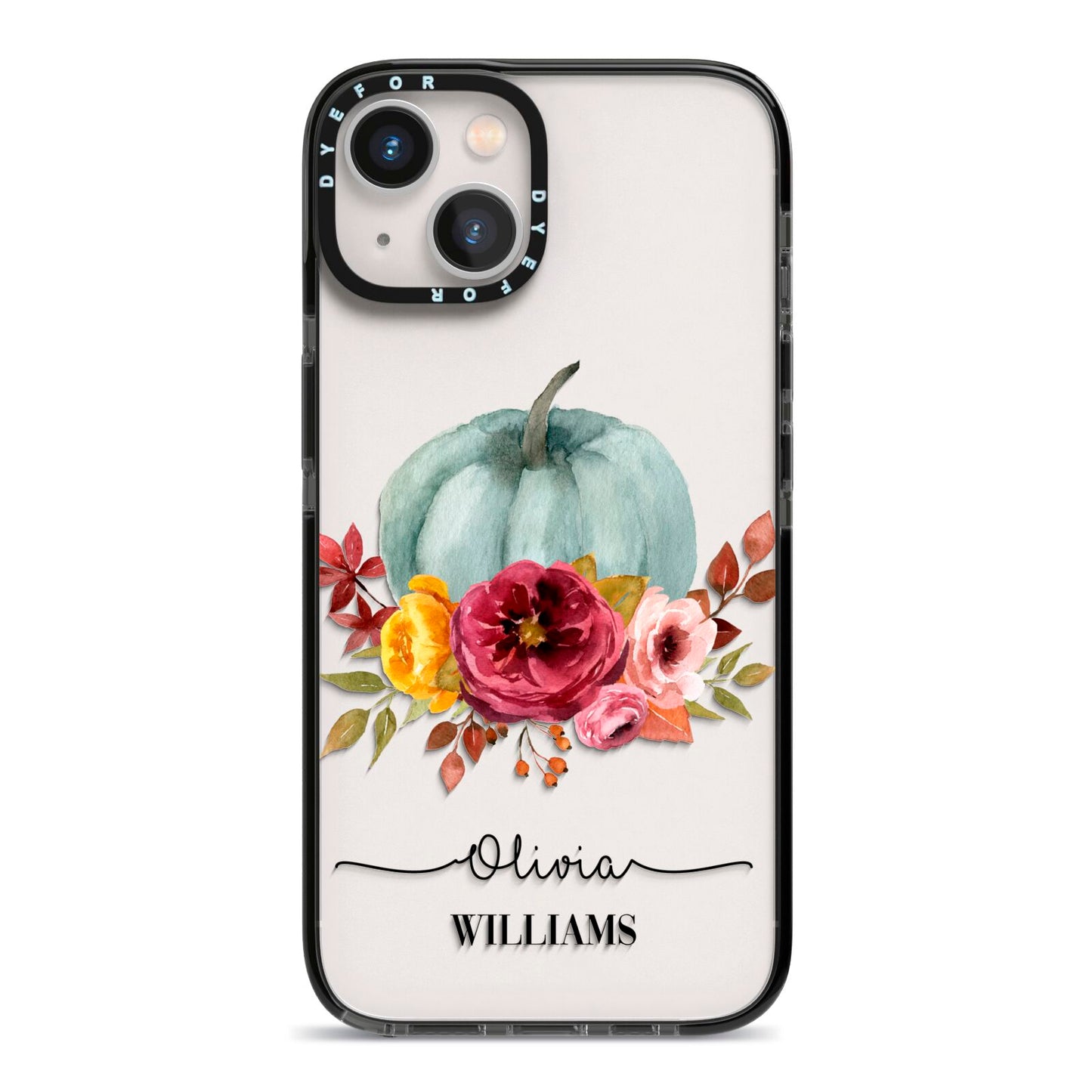 Grey Watercolour Pumpkins with Text iPhone 13 Black Impact Case on Silver phone