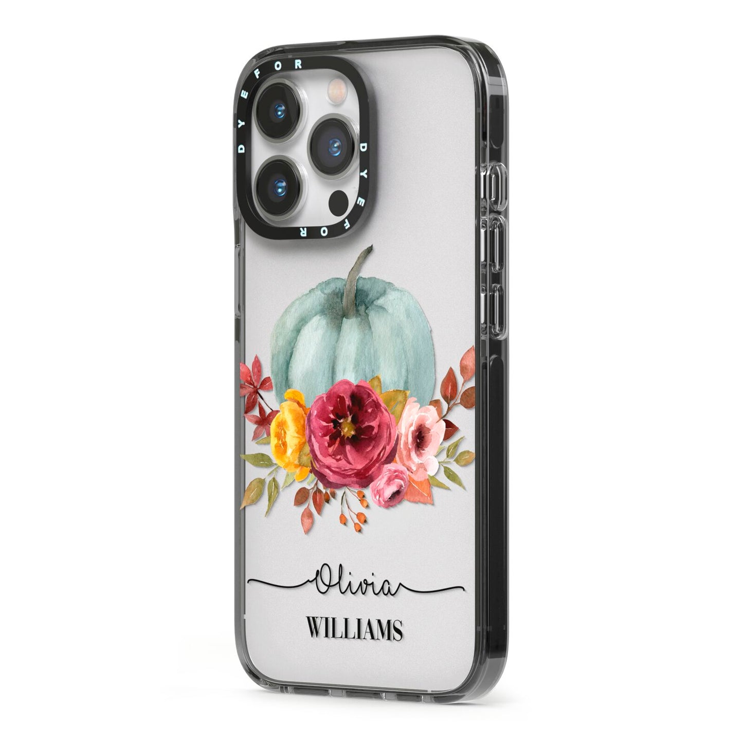 Grey Watercolour Pumpkins with Text iPhone 13 Pro Black Impact Case Side Angle on Silver phone