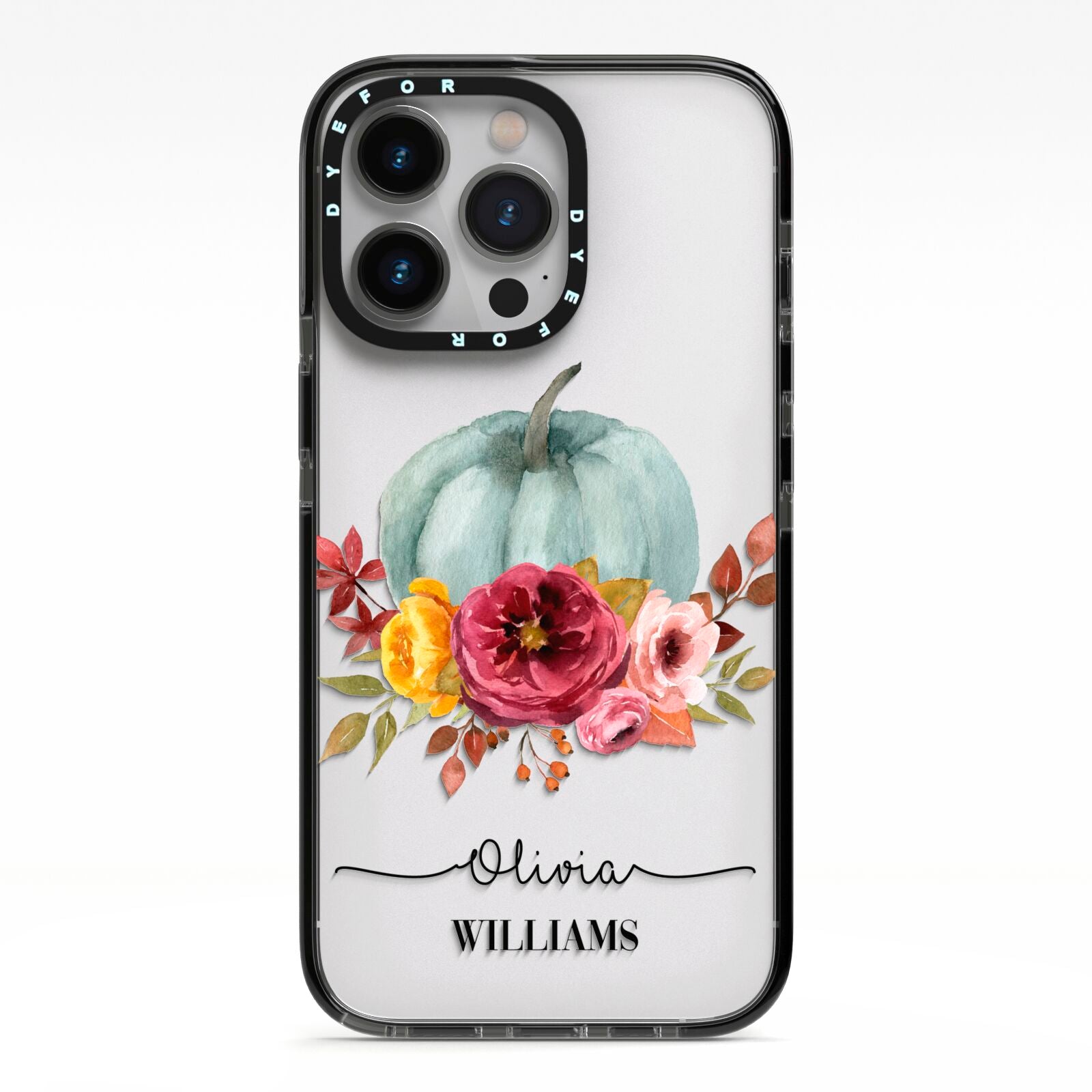 Grey Watercolour Pumpkins with Text iPhone 13 Pro Black Impact Case on Silver phone