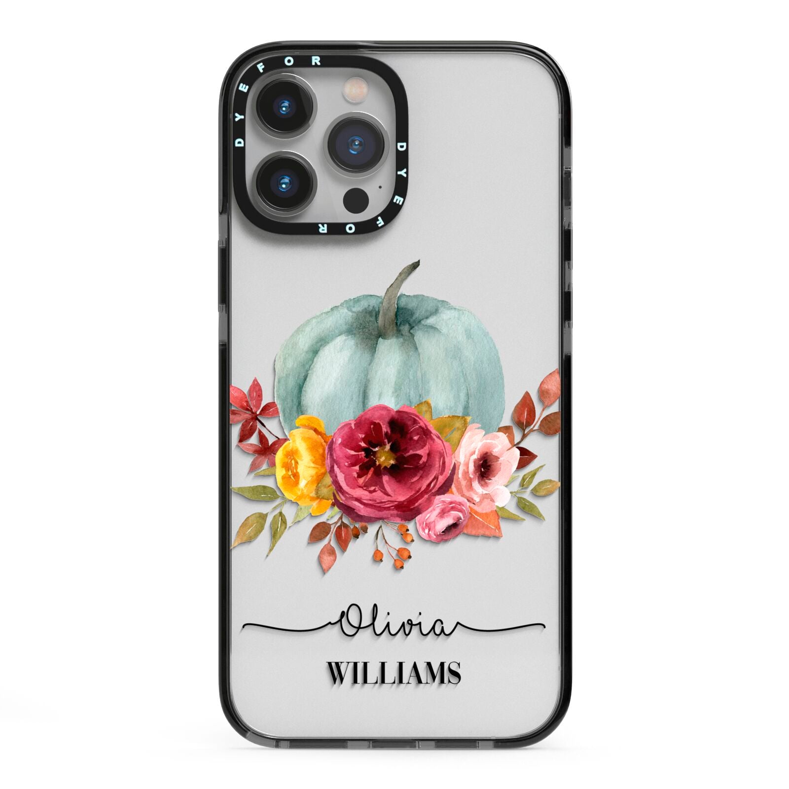 Grey Watercolour Pumpkins with Text iPhone 13 Pro Max Black Impact Case on Silver phone