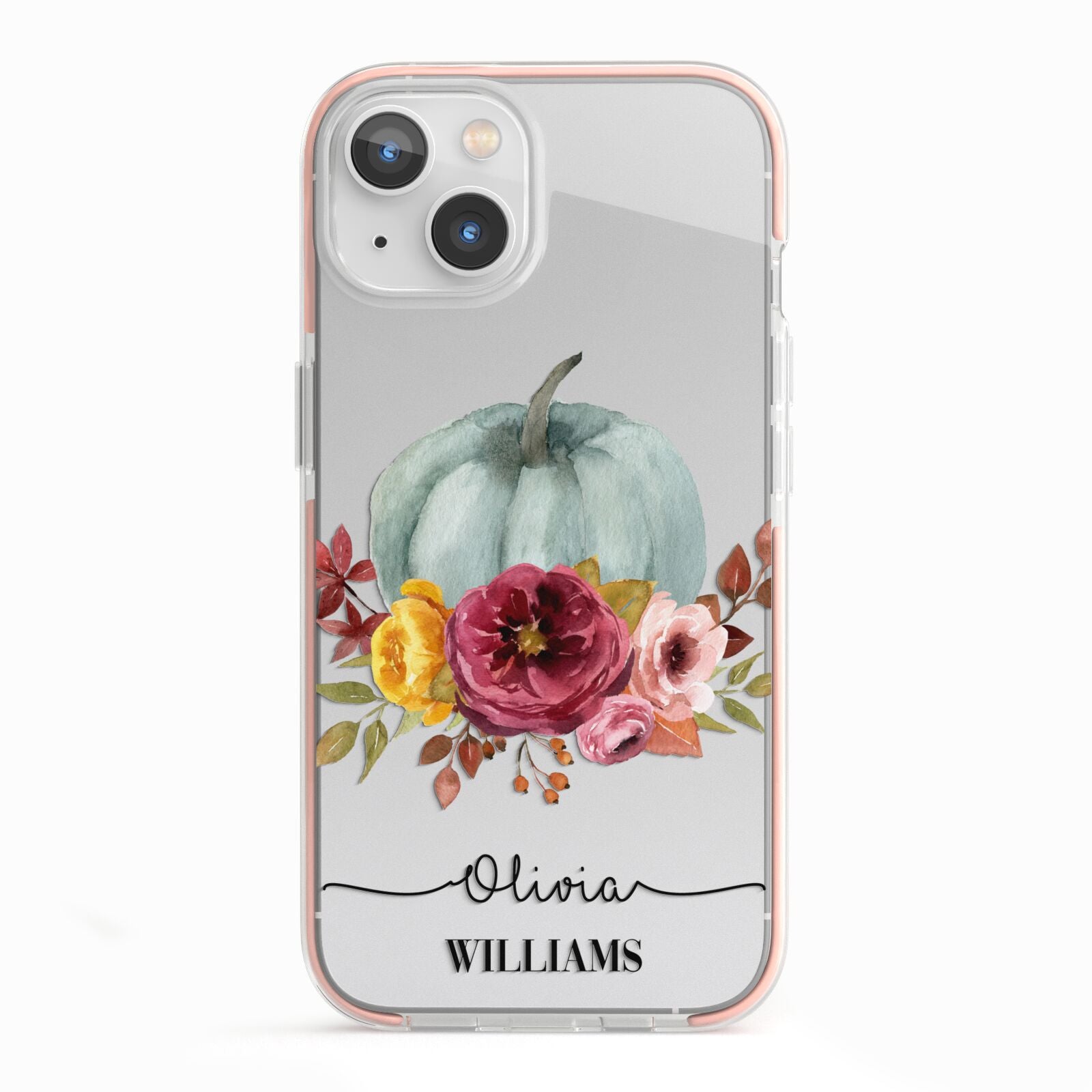 Grey Watercolour Pumpkins with Text iPhone 13 TPU Impact Case with Pink Edges