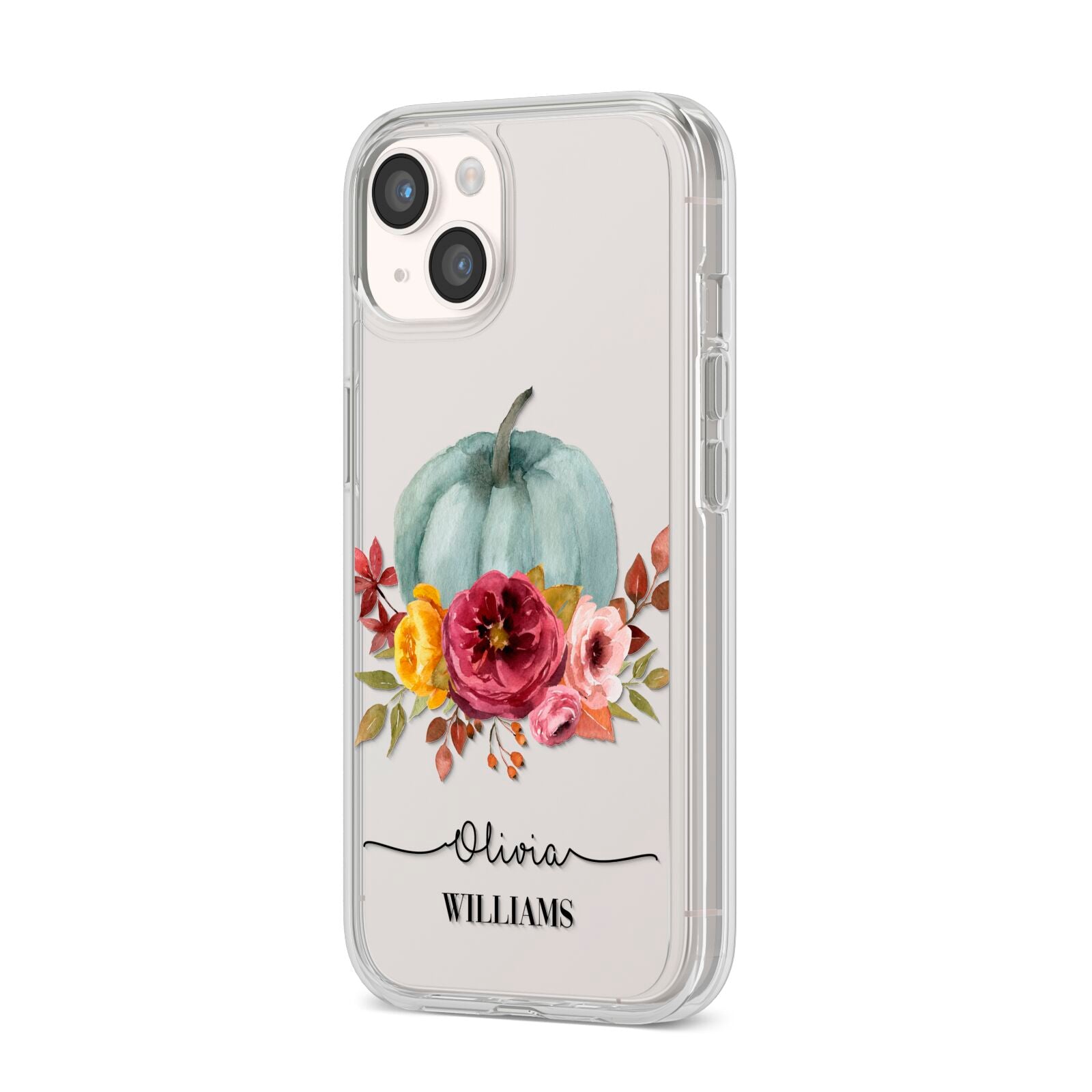 Grey Watercolour Pumpkins with Text iPhone 14 Clear Tough Case Starlight Angled Image