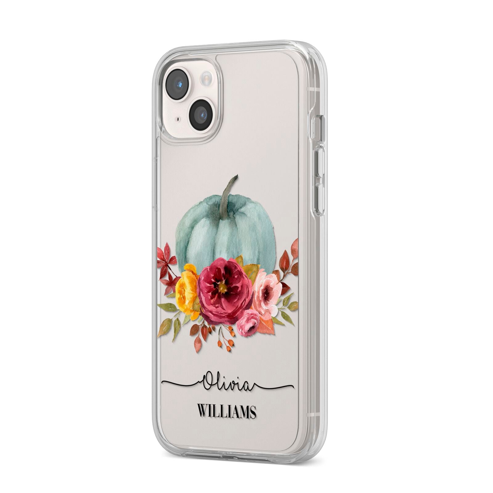 Grey Watercolour Pumpkins with Text iPhone 14 Plus Clear Tough Case Starlight Angled Image